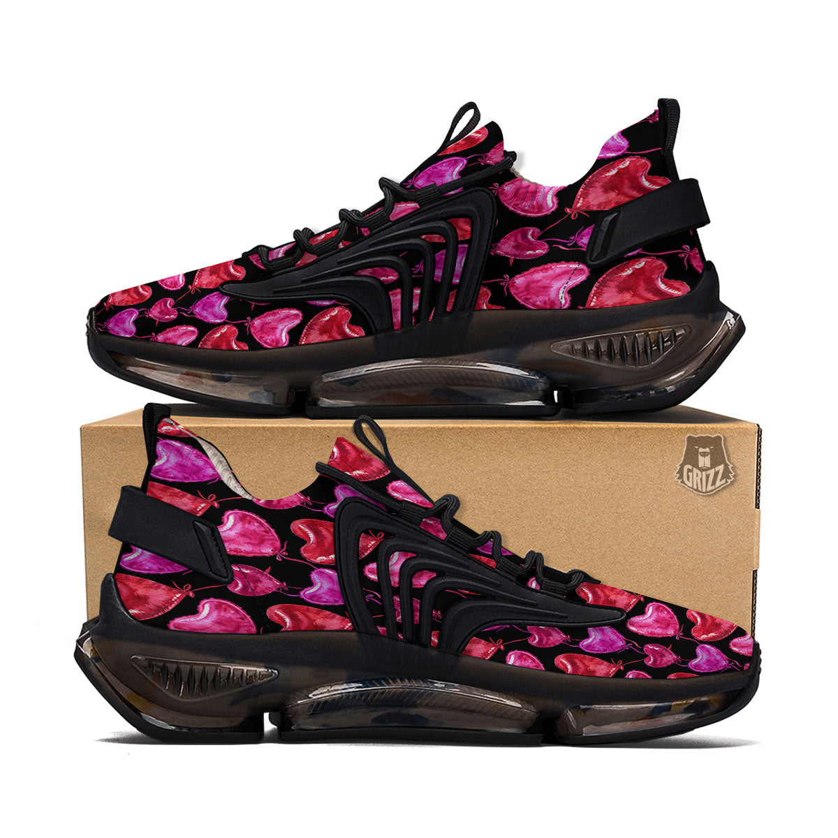 Balloon Red Heart Print Pattern Black Gym Shoes-grizzshop