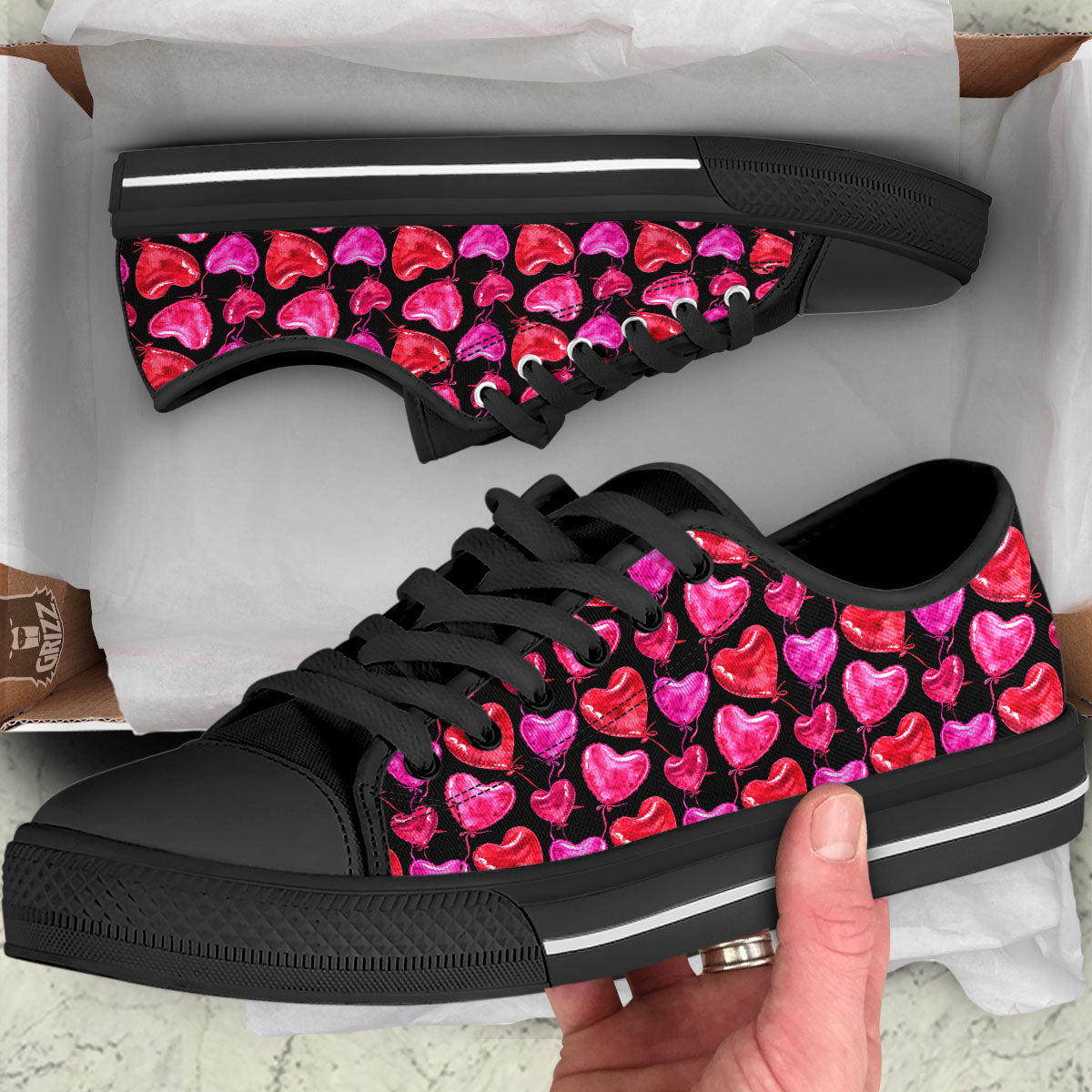 Balloon Red Heart Print Pattern Black Low Top Shoes-grizzshop