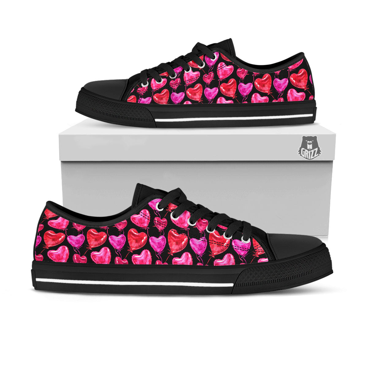 Balloon Red Heart Print Pattern Black Low Top Shoes-grizzshop