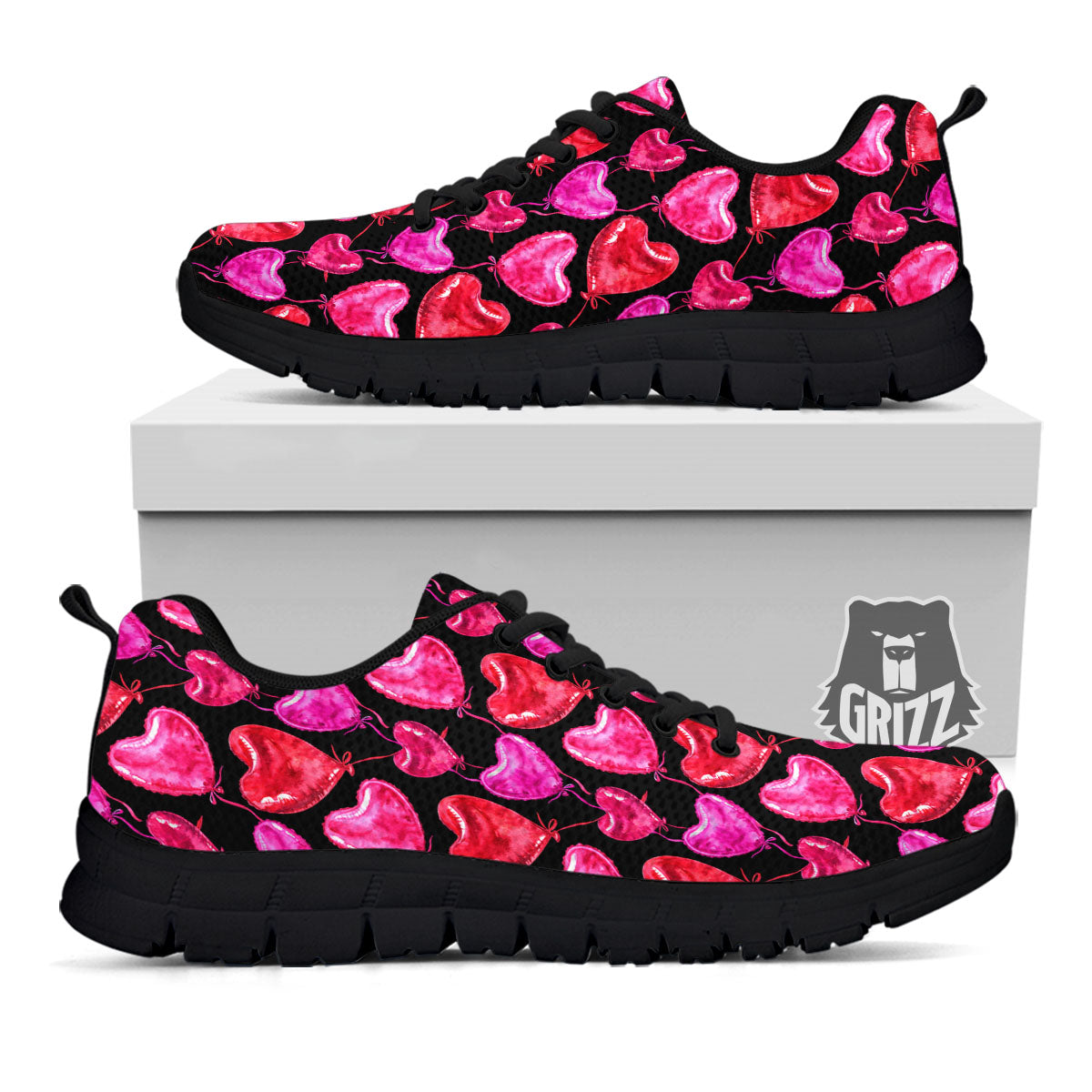 Balloon Red Heart Print Pattern Black Sneaker-grizzshop