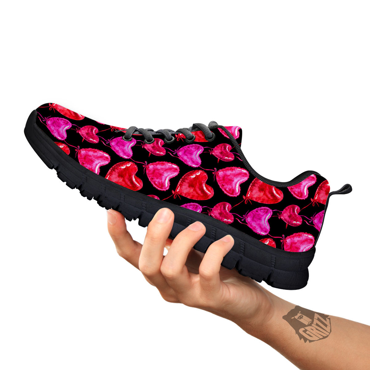 Balloon Red Heart Print Pattern Black Sneaker-grizzshop