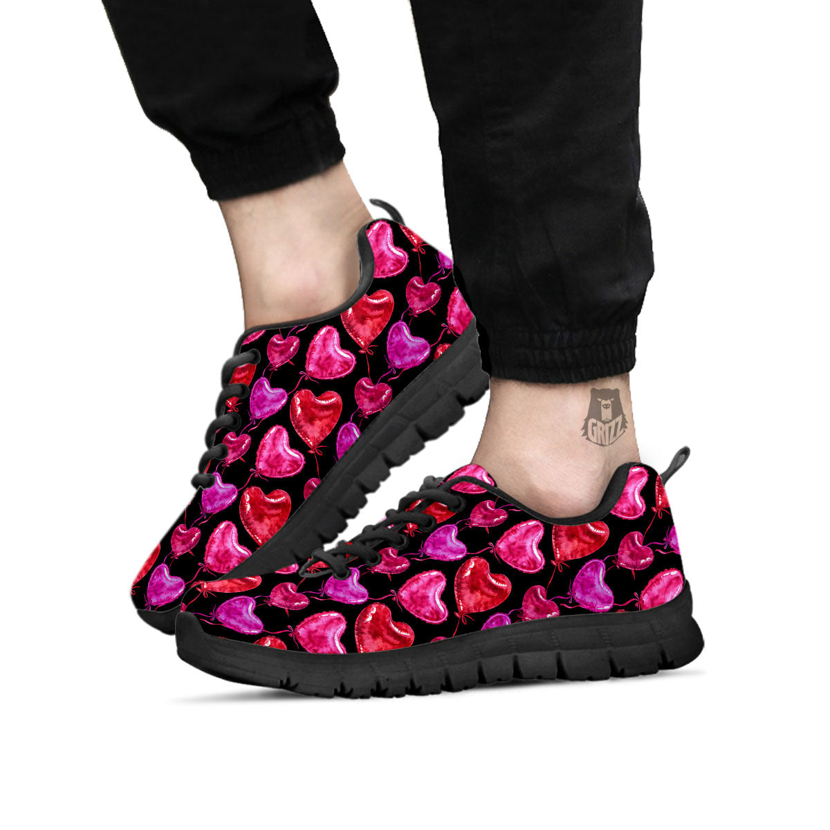 Balloon Red Heart Print Pattern Black Sneaker-grizzshop