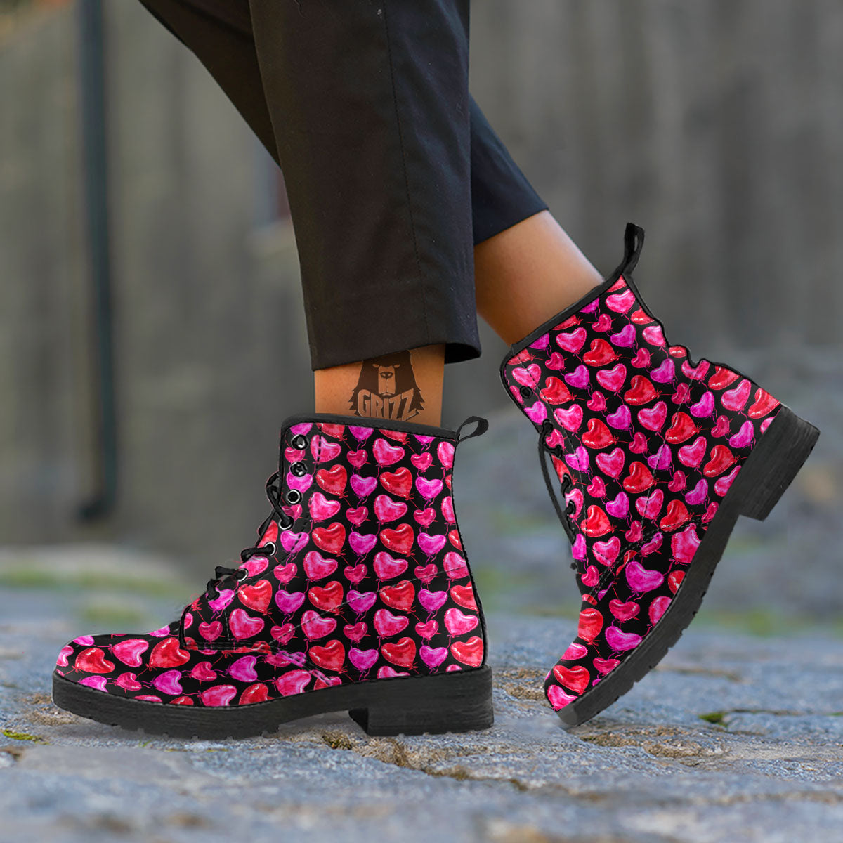 Balloon Red Heart Print Pattern Leather Boots-grizzshop
