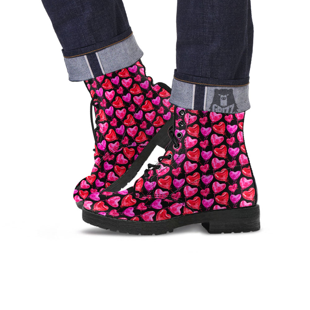 Balloon Red Heart Print Pattern Leather Boots-grizzshop