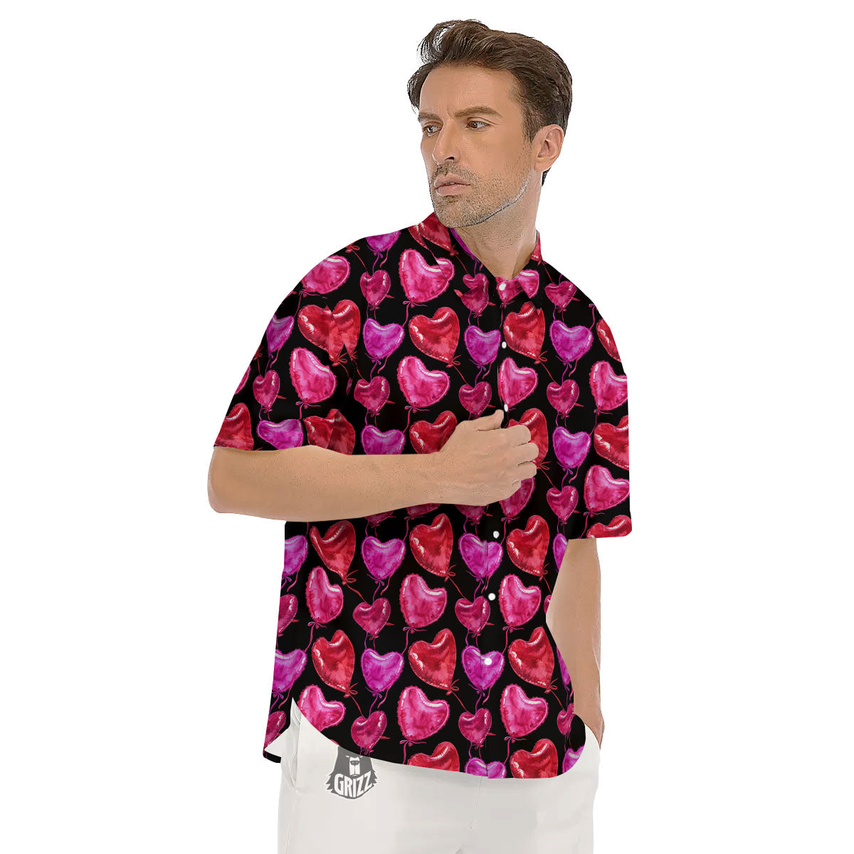 Balloon Red Heart Print Pattern Men's Short Sleeve Shirts-grizzshop