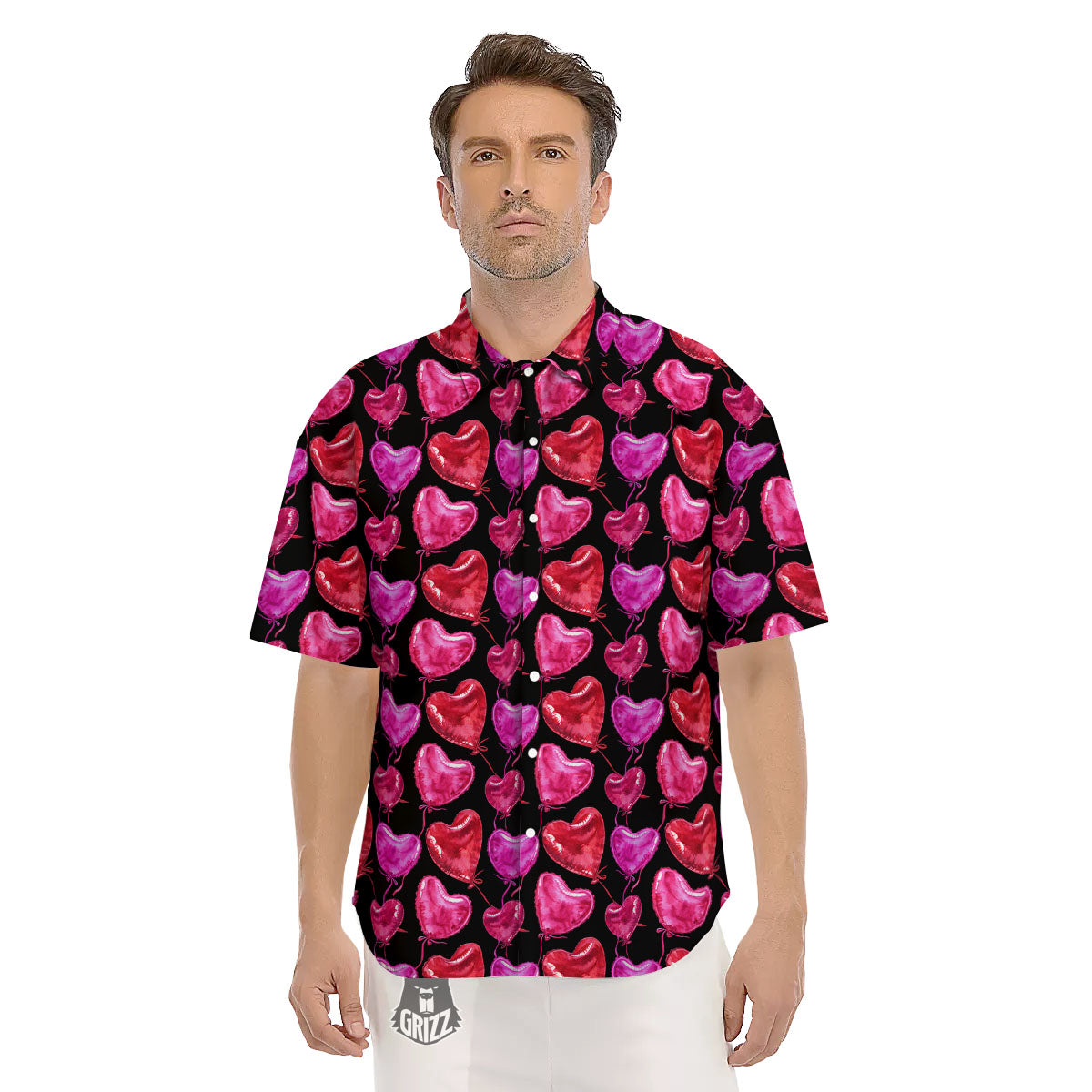 Balloon Red Heart Print Pattern Men's Short Sleeve Shirts-grizzshop