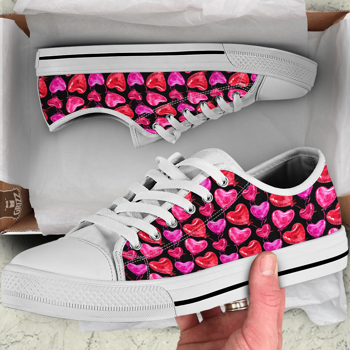 Balloon Red Heart Print Pattern White Low Top Shoes-grizzshop