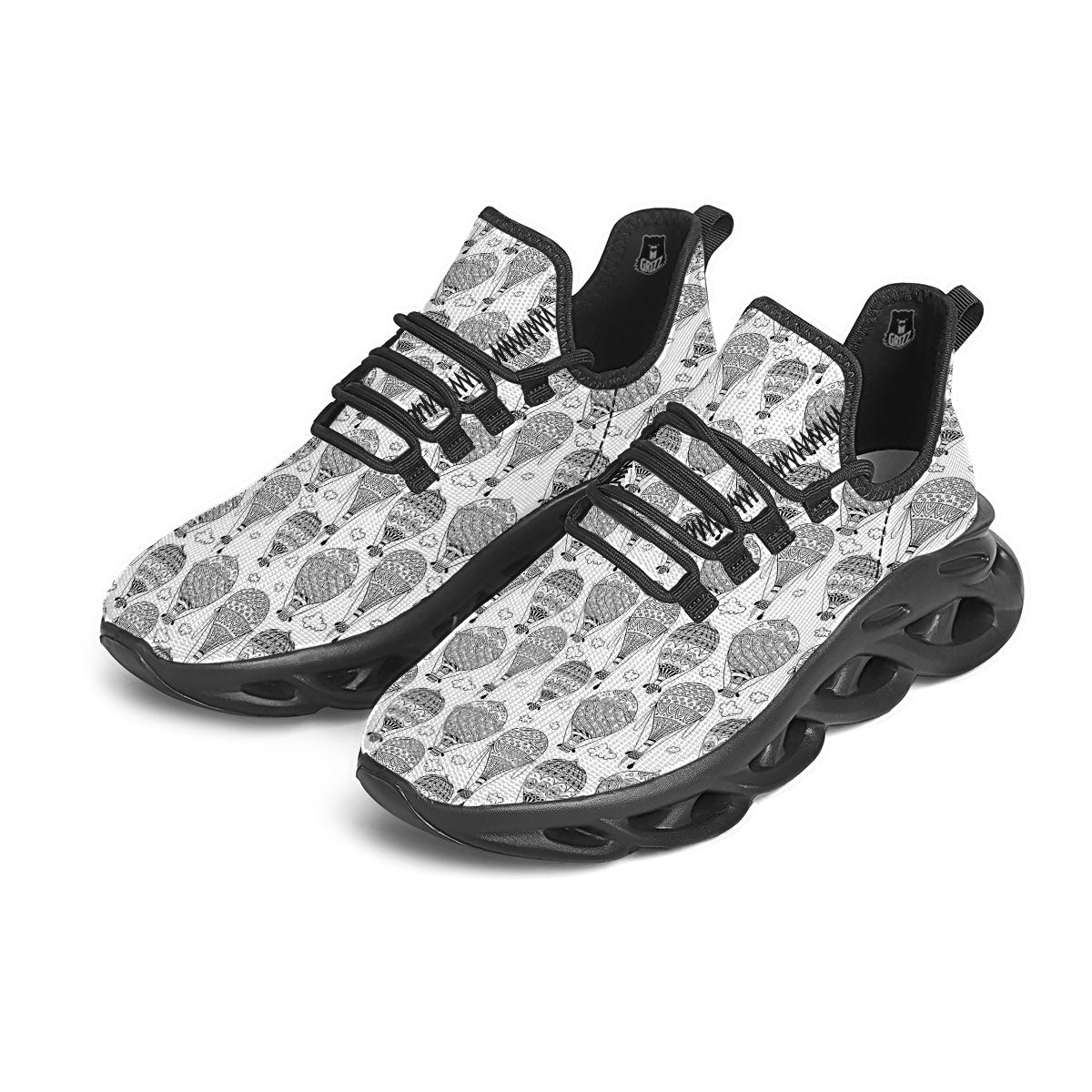 Balloon White And Black Print Pattern Black Running Shoes-grizzshop