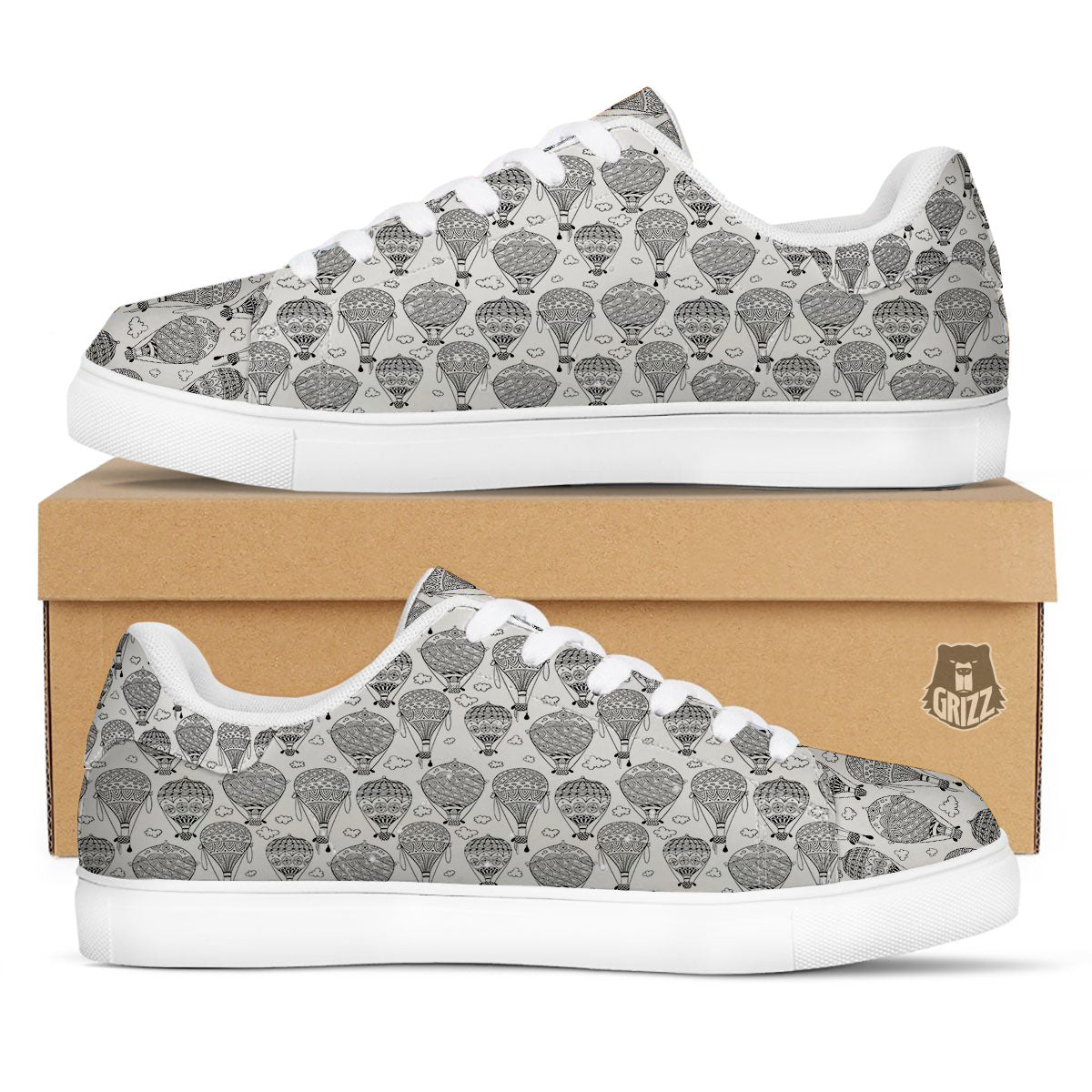 Balloon White And Black Print Pattern White Low Top Sneakers-grizzshop