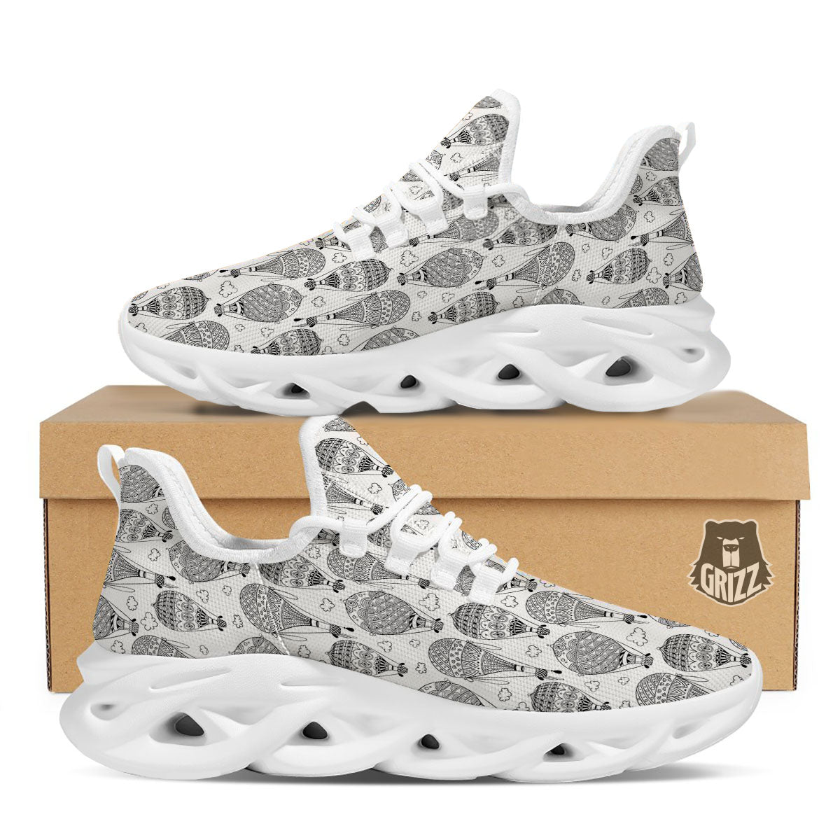 Balloon White And Black Print Pattern White Running Shoes-grizzshop