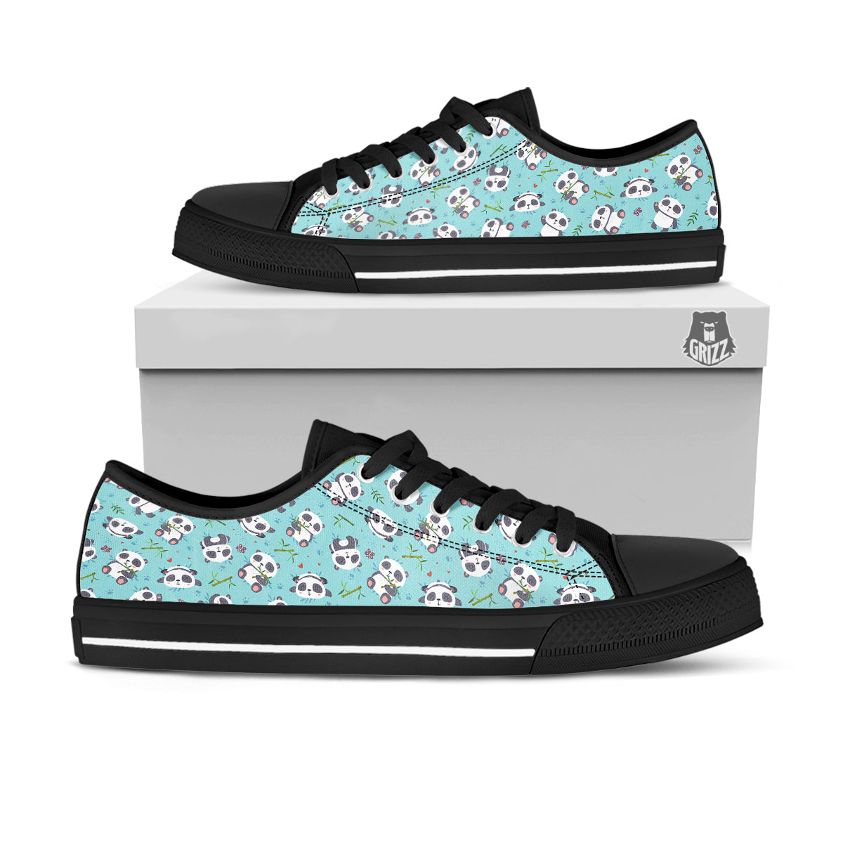 Bamboo And Cute Panda Print Pattern Black Low Top Shoes-grizzshop