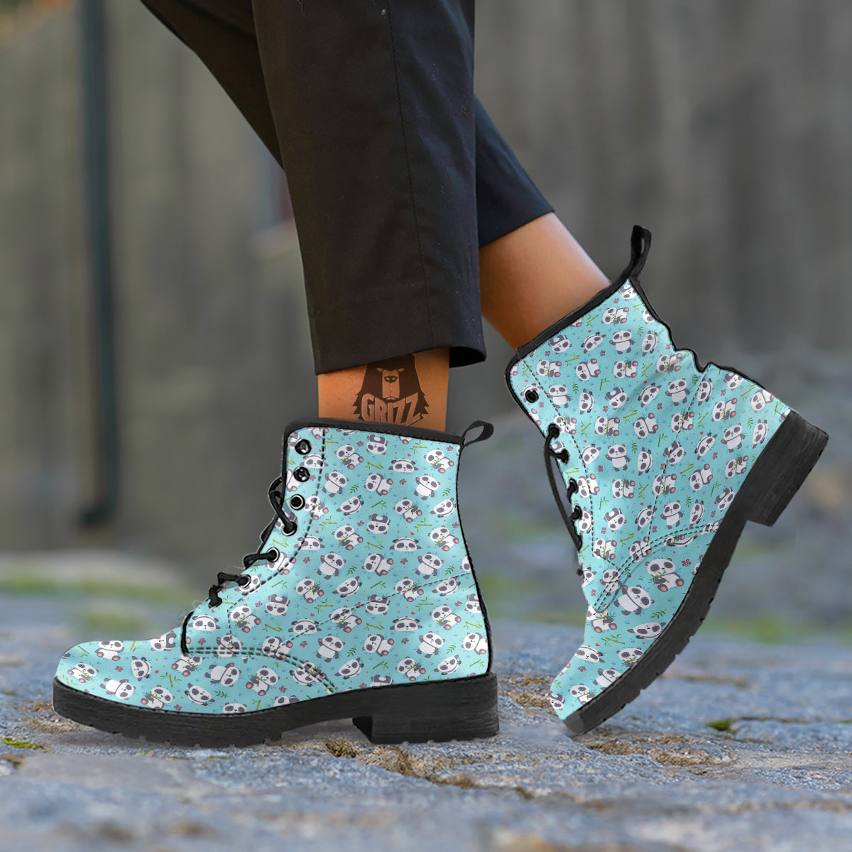 Bamboo And Cute Panda Print Pattern Leather Boots-grizzshop