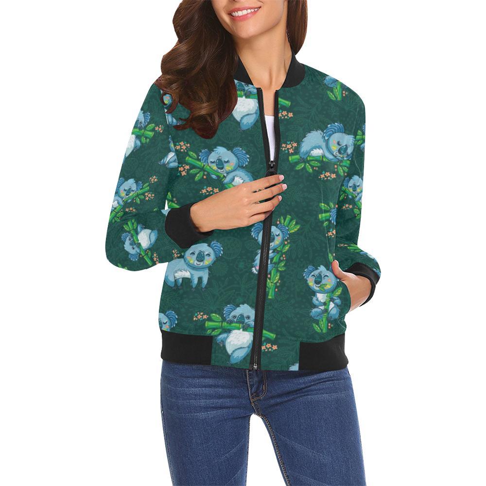 Bamboo Koala Pattern Print Women Casual Bomber Jacket-grizzshop