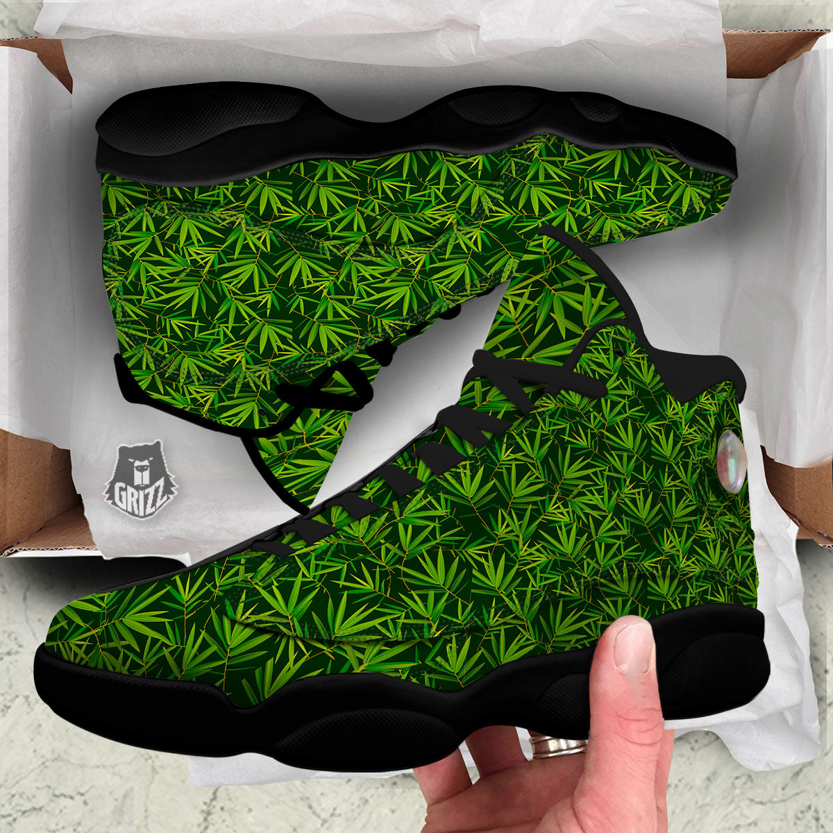 Bamboo Leaf Green Print Pattern Black Basketball Shoes-grizzshop