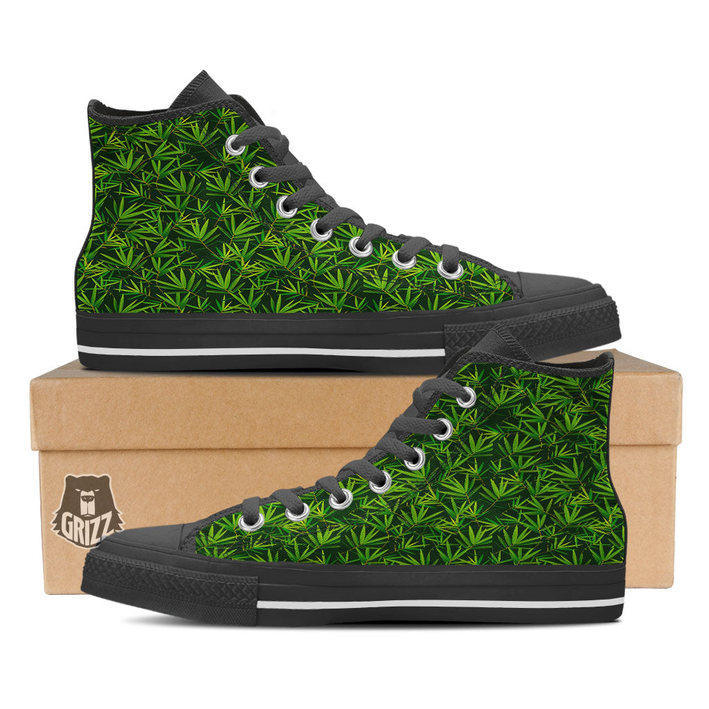 Bamboo Leaf Green Print Pattern Black High Top Shoes-grizzshop
