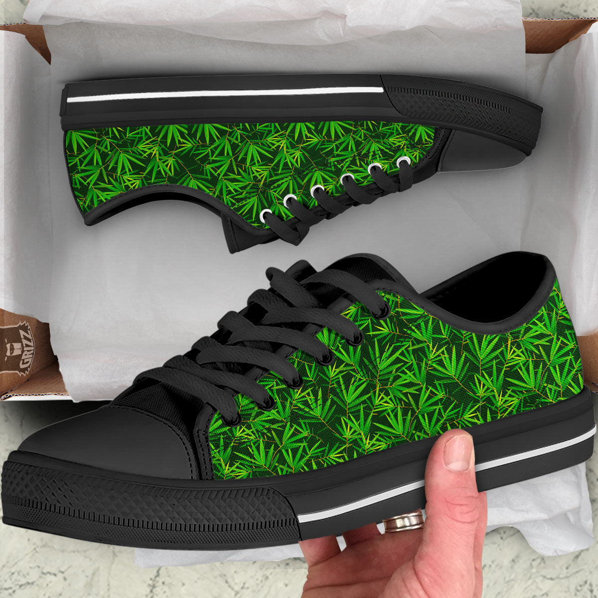 Bamboo Leaf Green Print Pattern Black Low Top Shoes-grizzshop