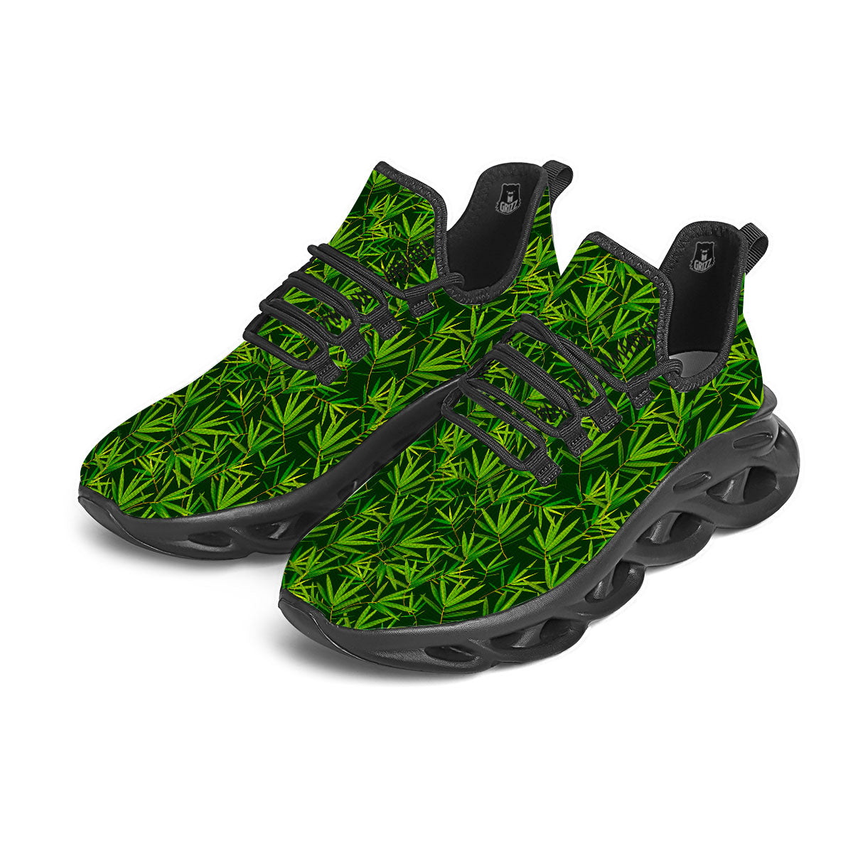 Bamboo Leaf Green Print Pattern Black Running Shoes-grizzshop