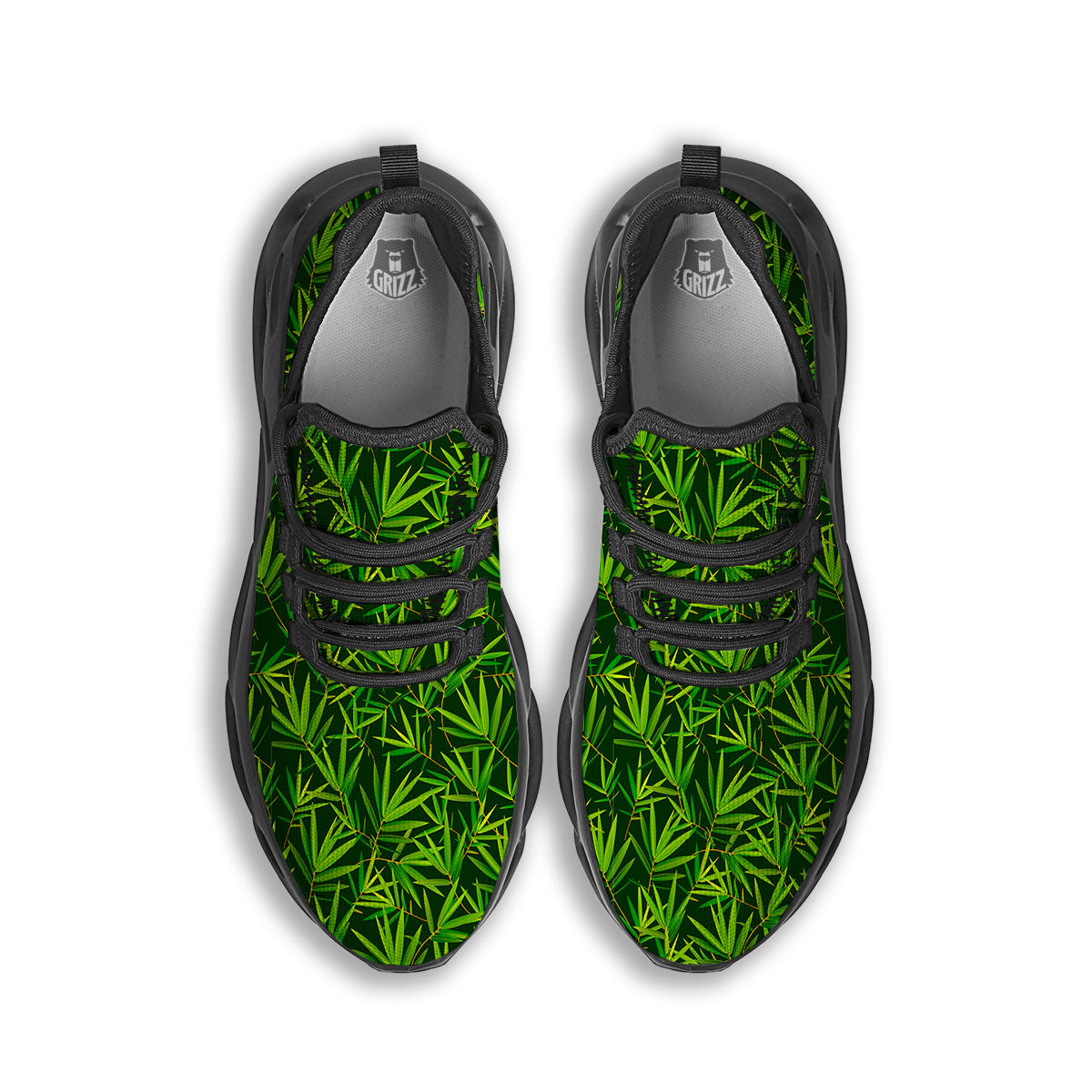Bamboo Leaf Green Print Pattern Black Running Shoes-grizzshop
