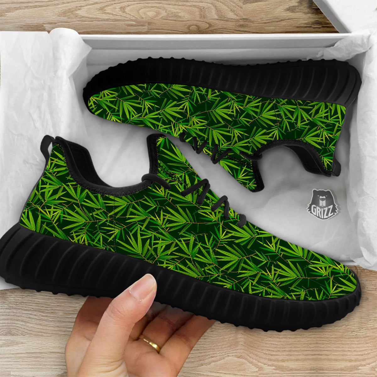 Bamboo Leaf Green Print Pattern Black Walking Shoes-grizzshop