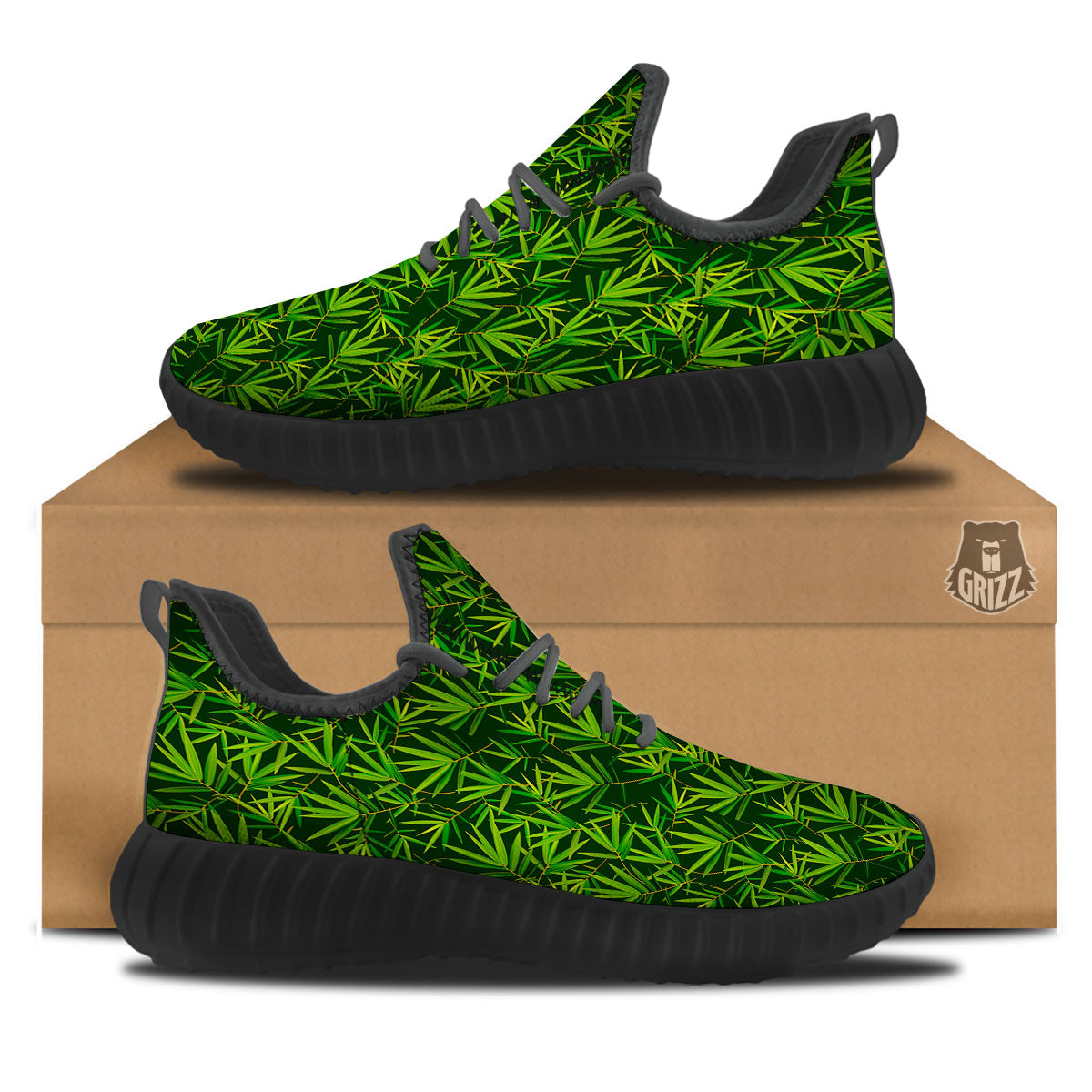 Bamboo Leaf Green Print Pattern Black Walking Shoes-grizzshop