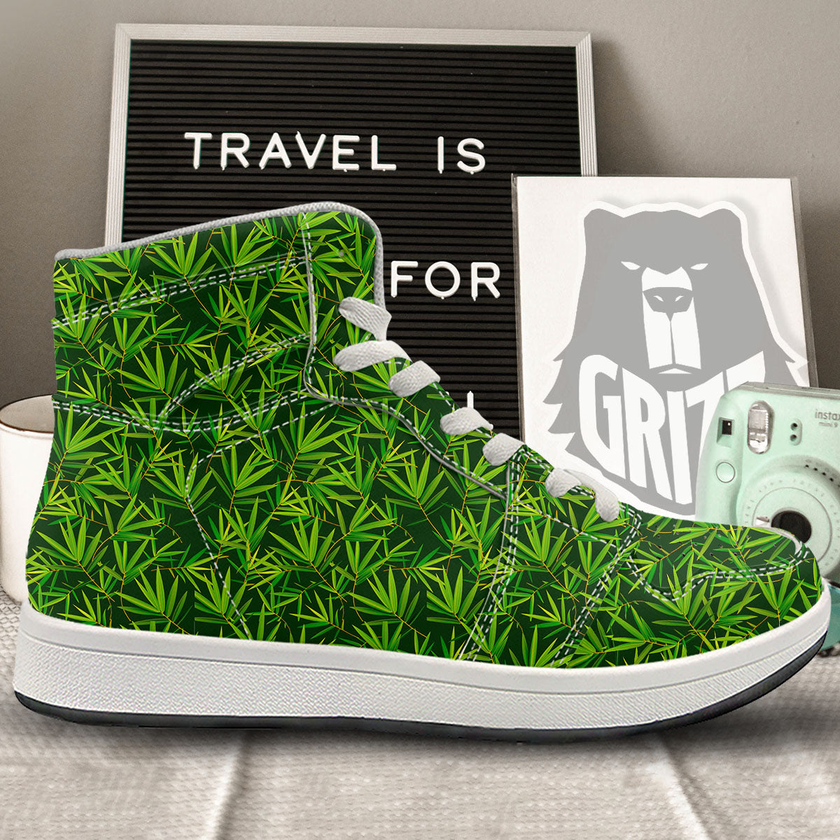 Bamboo Leaf Green Print Pattern High Top Sneakers-grizzshop