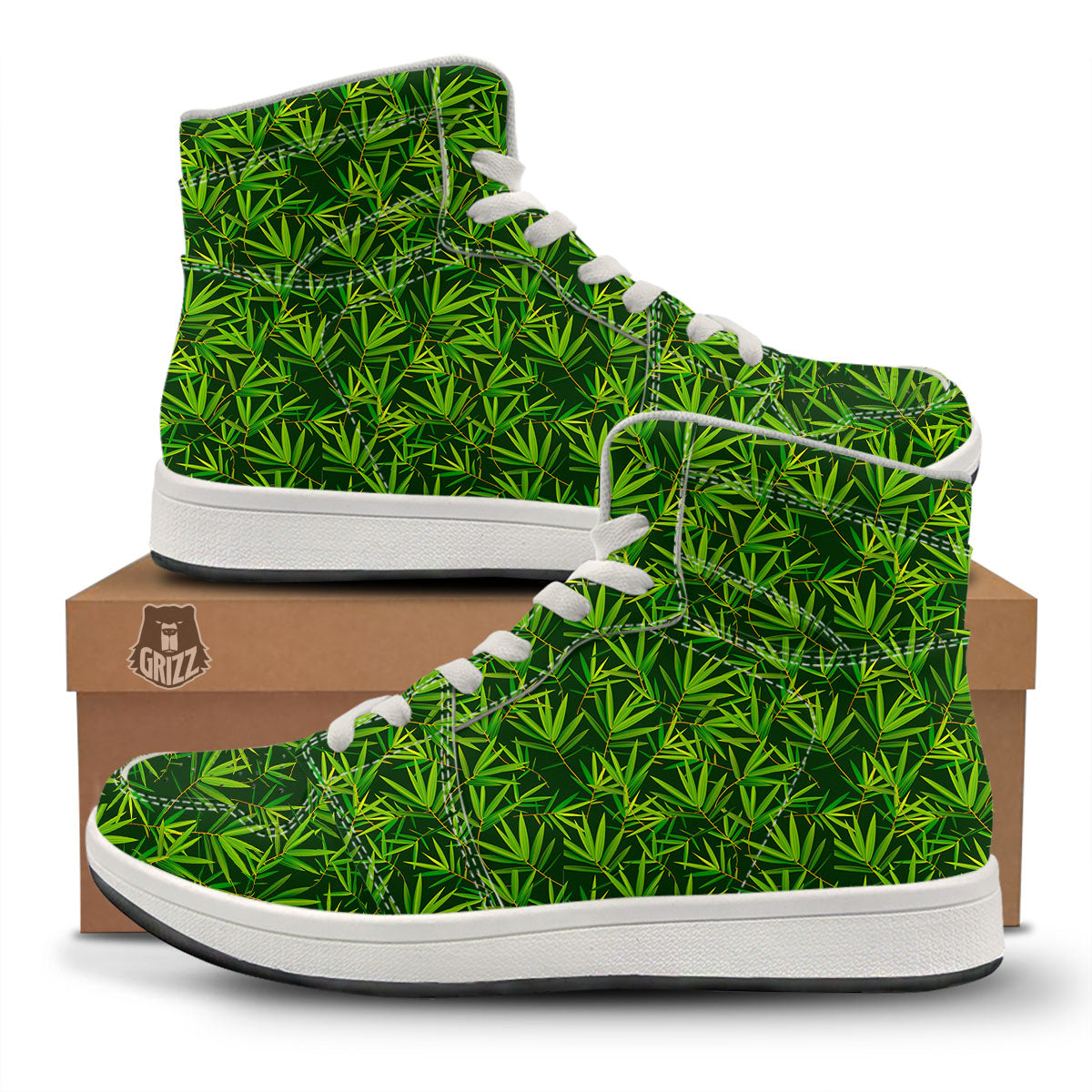 Bamboo Leaf Green Print Pattern High Top Sneakers-grizzshop