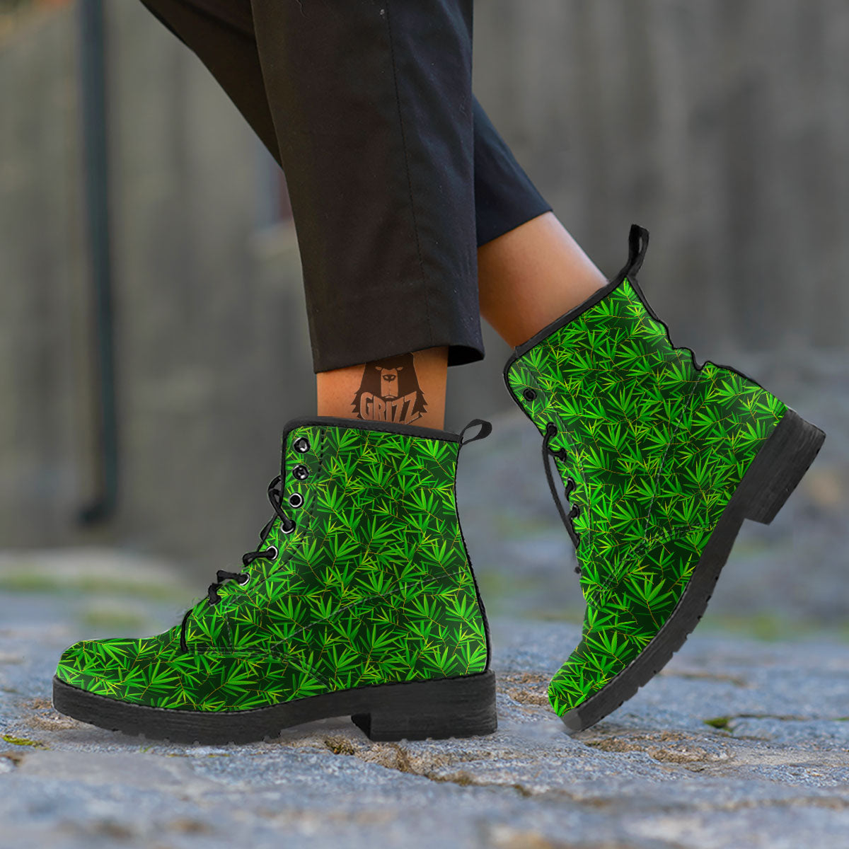 Bamboo Leaf Green Print Pattern Leather Boots-grizzshop