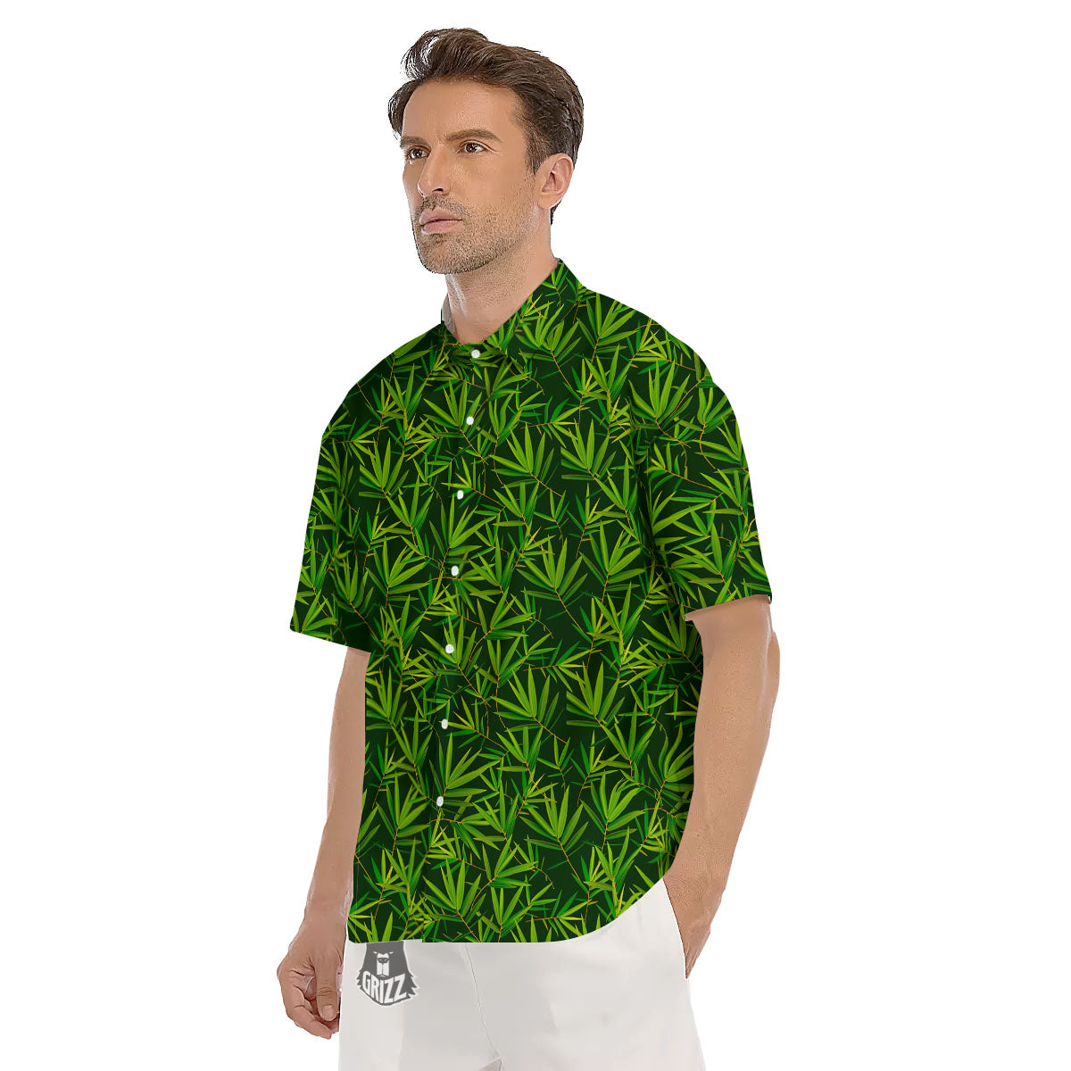 Bamboo Leaf Green Print Pattern Men's Short Sleeve Shirts-grizzshop