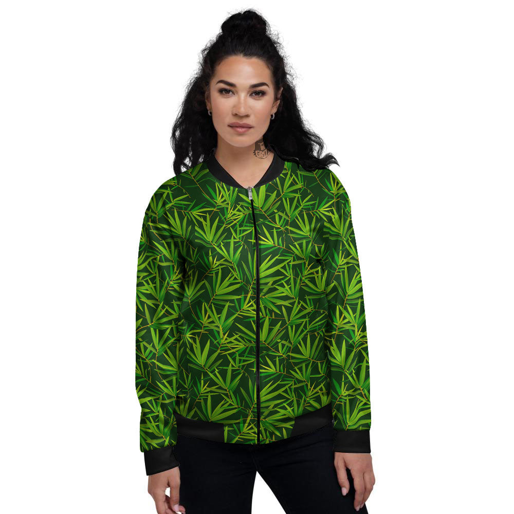 Bamboo Leaf Green Print Pattern Women's Bomber Jacket-grizzshop