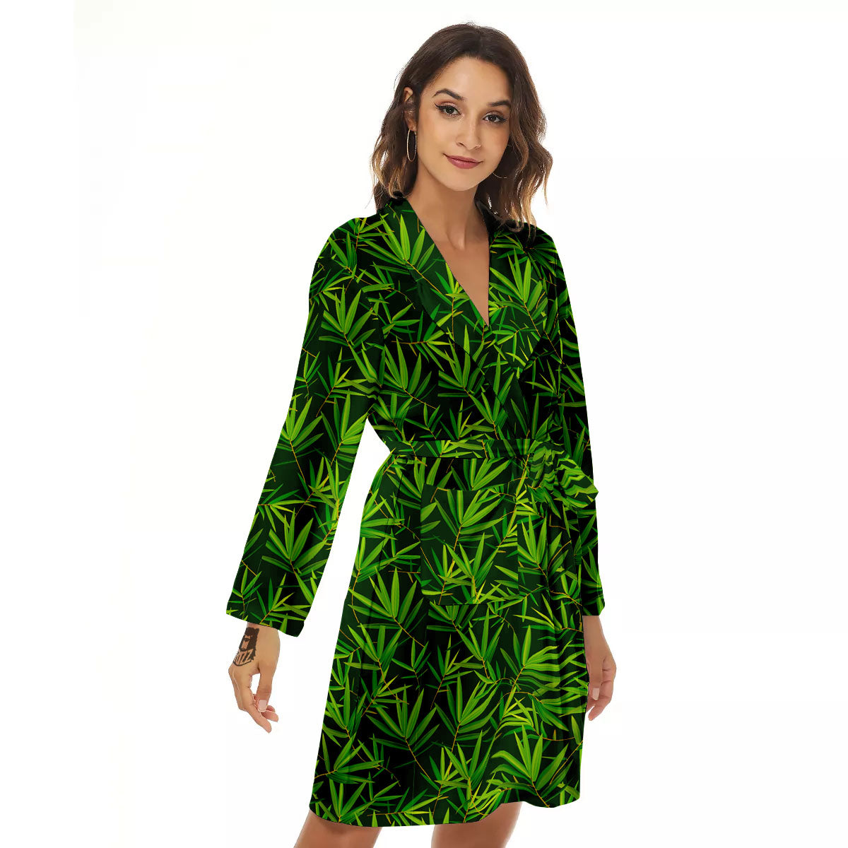 Bamboo Leaf Green Print Pattern Women's Robe-grizzshop
