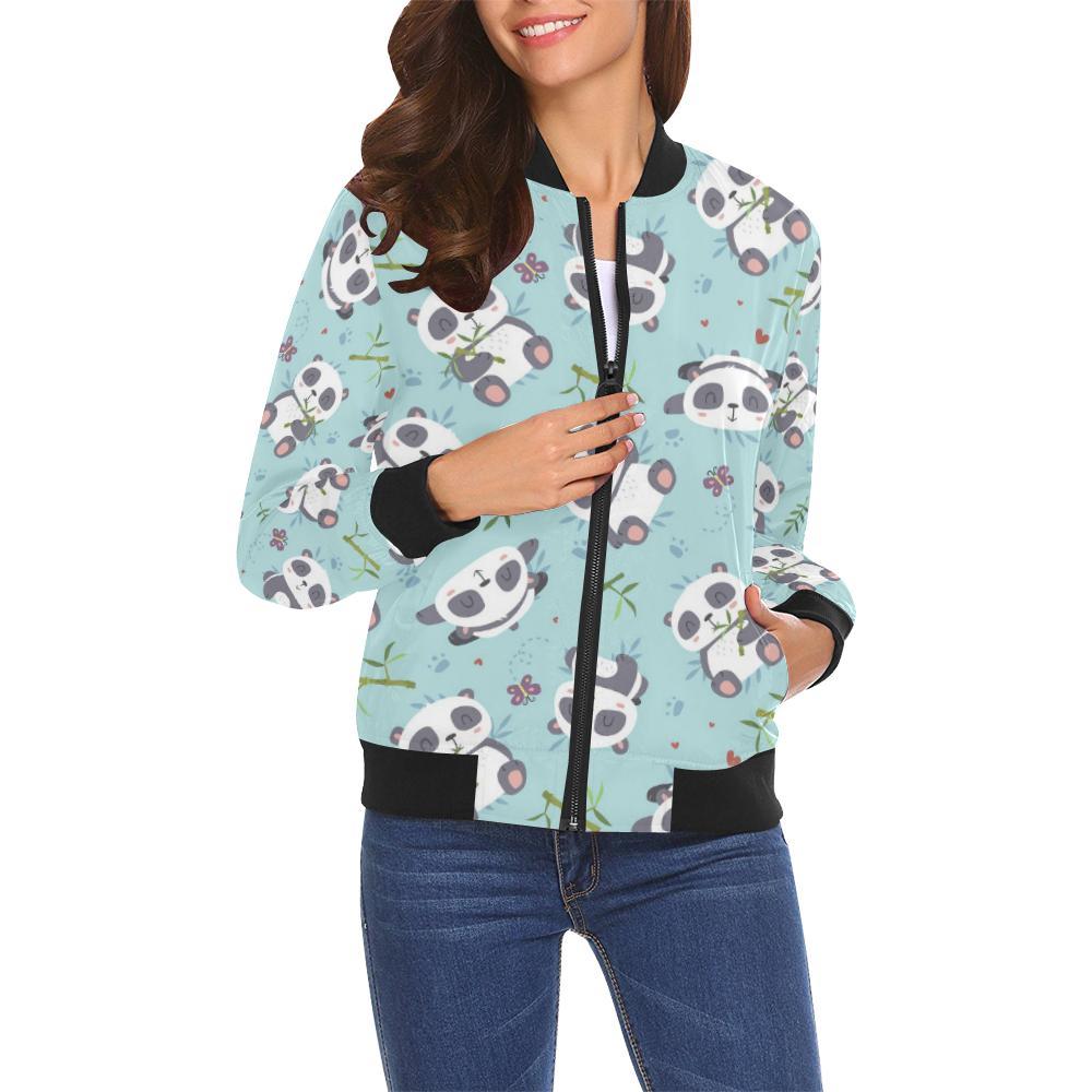 Bamboo Mint Panda Pattern Print Women Casual Bomber Jacket-grizzshop