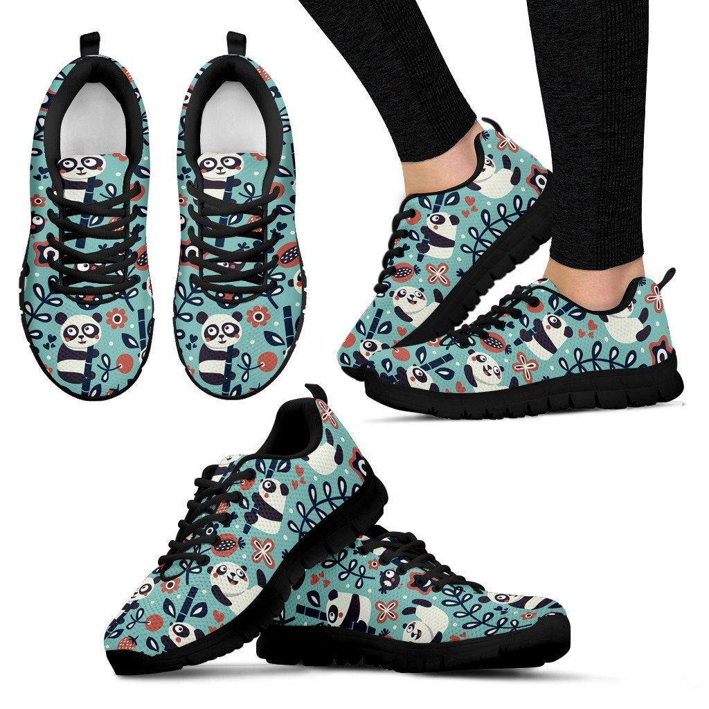 Bamboo Panda Pattern Print Black Sneaker Shoes For Men Women-grizzshop