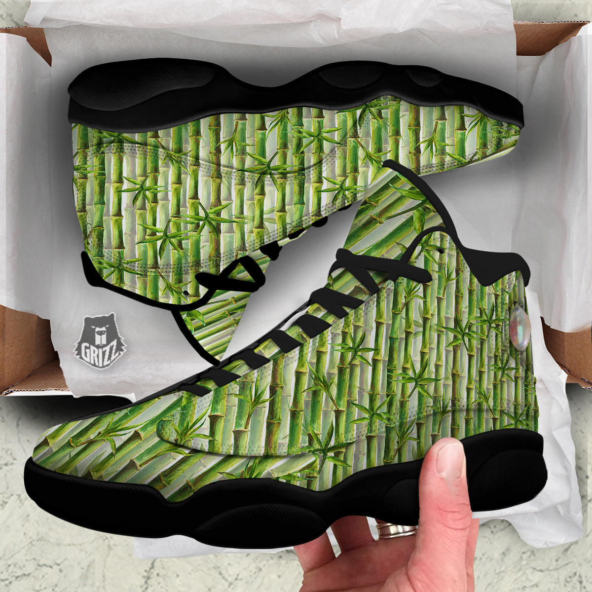 Bamboo Watercolor Print Pattern Black Basketball Shoes-grizzshop