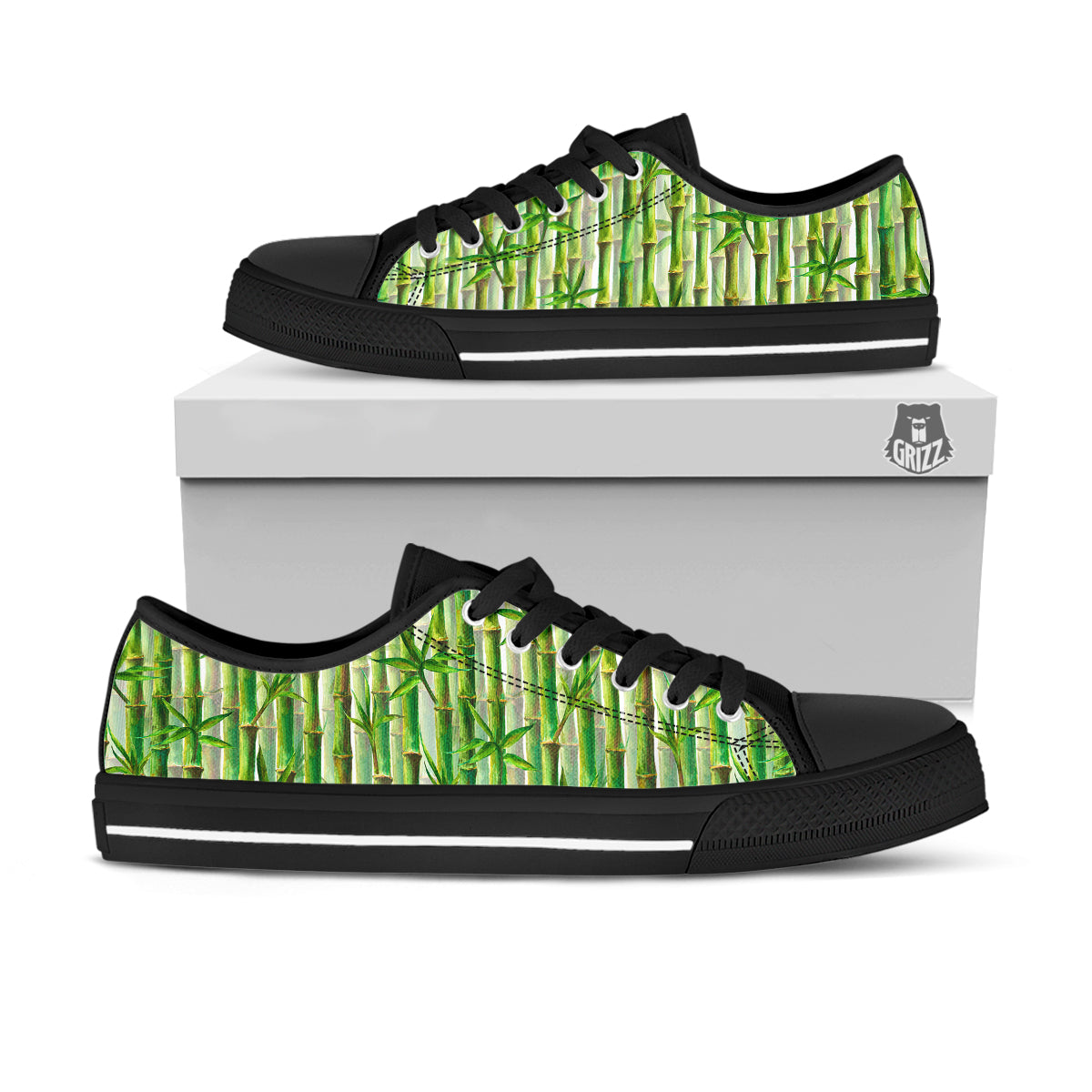 Bamboo Watercolor Print Pattern Black Low Top Shoes-grizzshop
