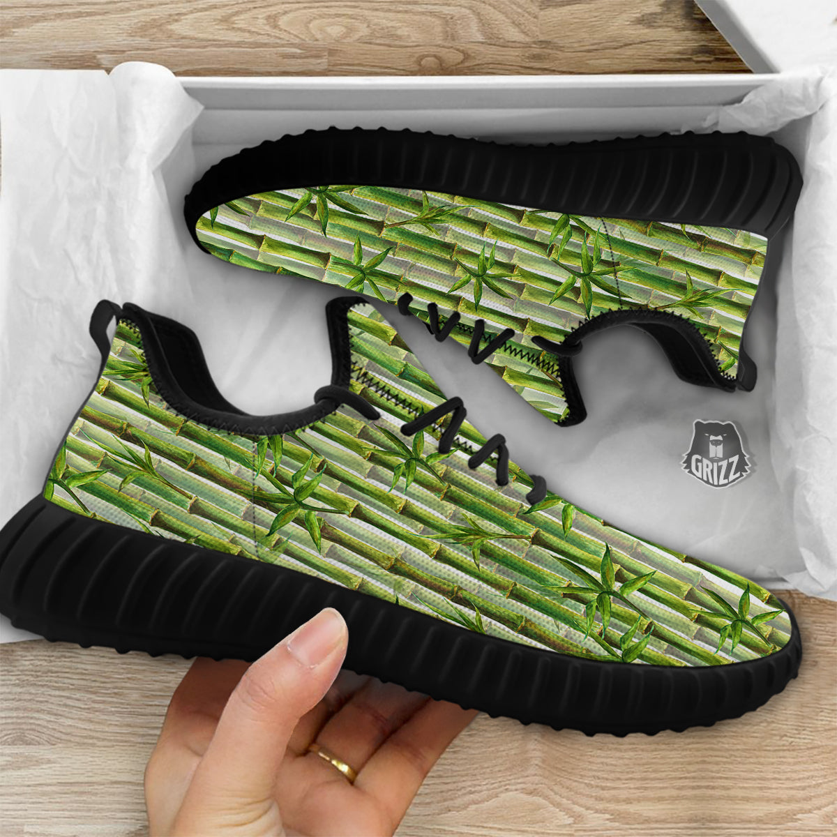 Bamboo Watercolor Print Pattern Black Walking Shoes-grizzshop