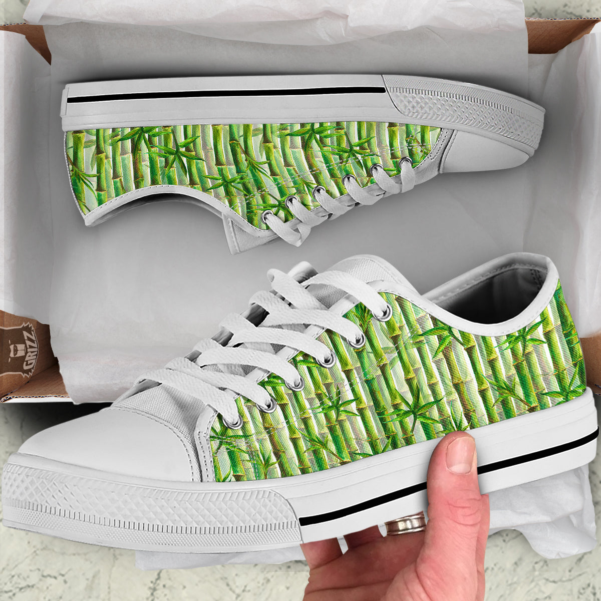 Bamboo Watercolor Print Pattern White Low Top Shoes-grizzshop