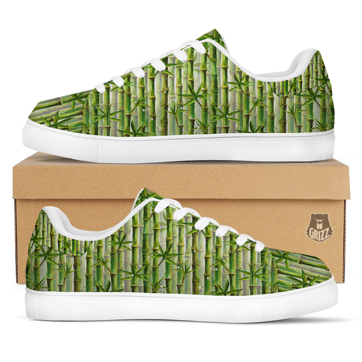 Bamboo Watercolor Print Pattern White Low Top Sneakers-grizzshop