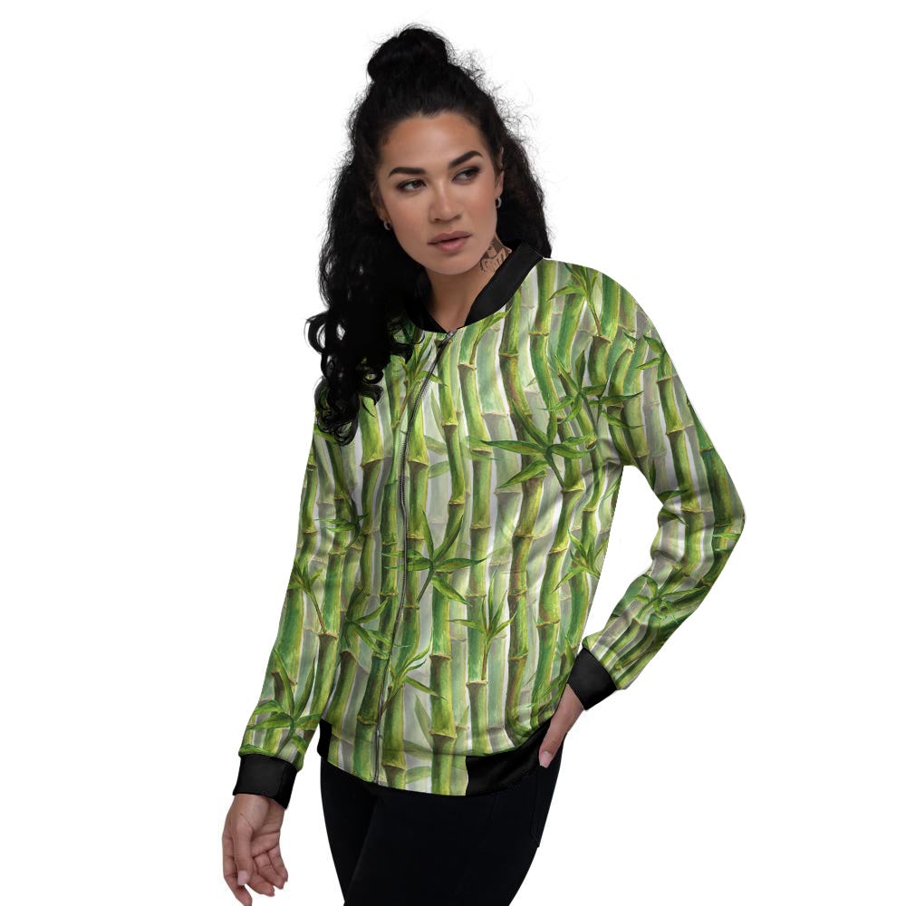 Bamboo Watercolor Print Pattern Women's Bomber Jacket-grizzshop