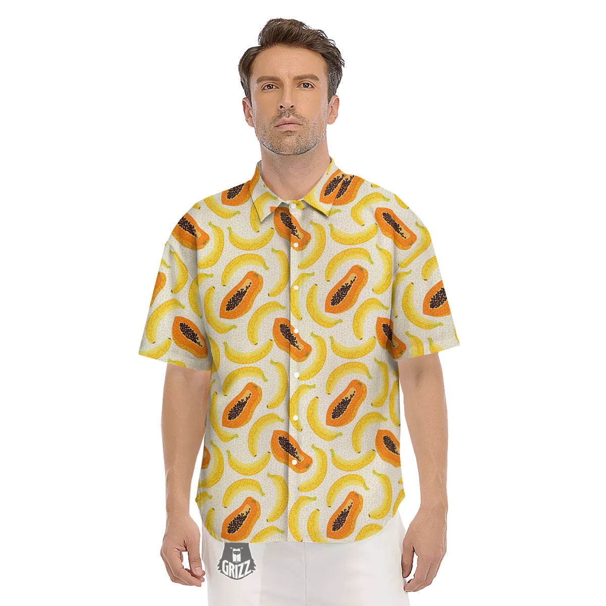 Banana And Papaya Print Pattern Men's Short Sleeve Shirts-grizzshop