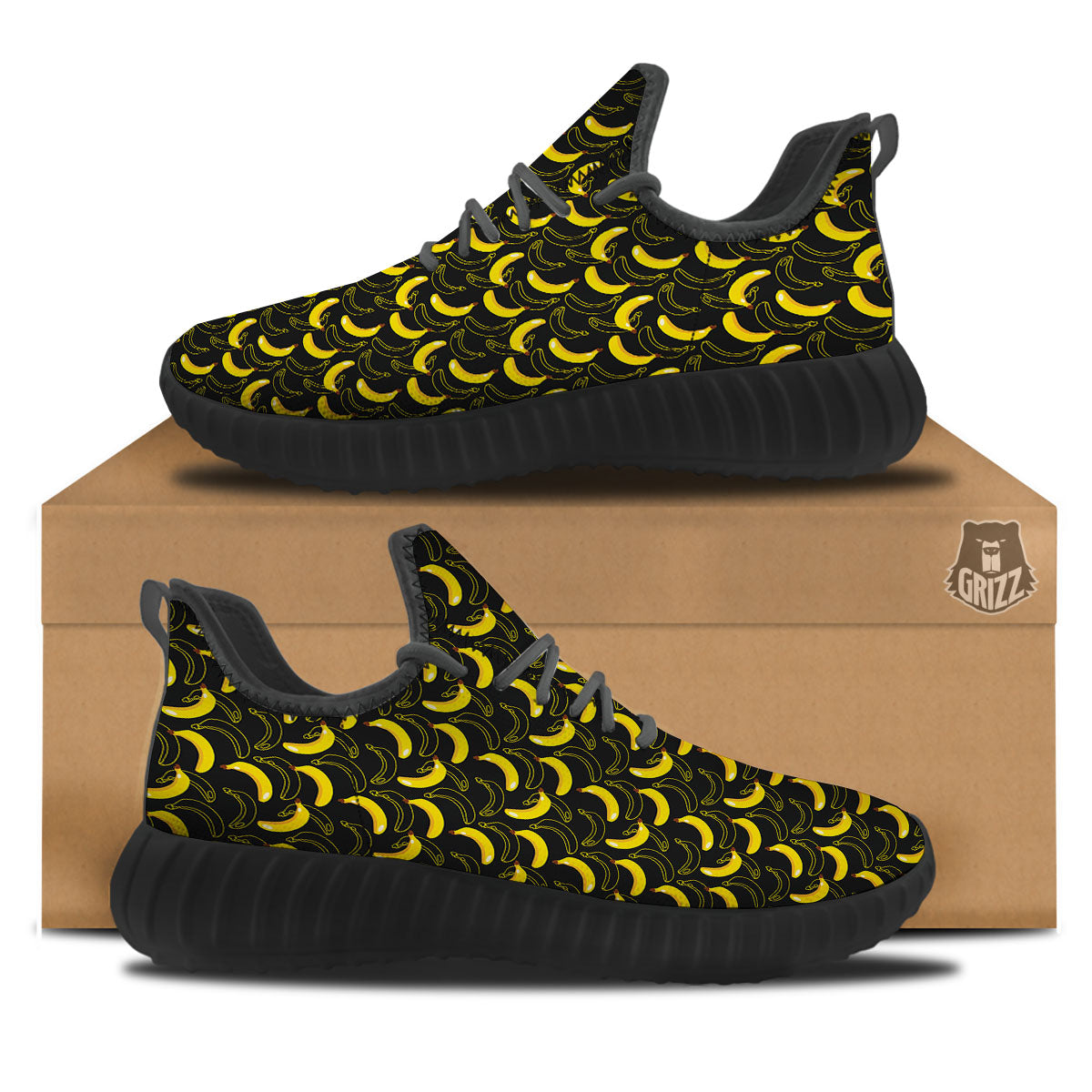 Banana Black Cartoon Print Pattern Black Walking Shoes-grizzshop