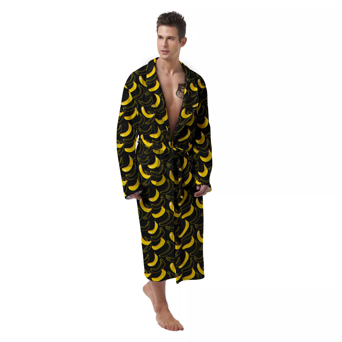 Banana Black Cartoon Print Pattern Men's Robe-grizzshop