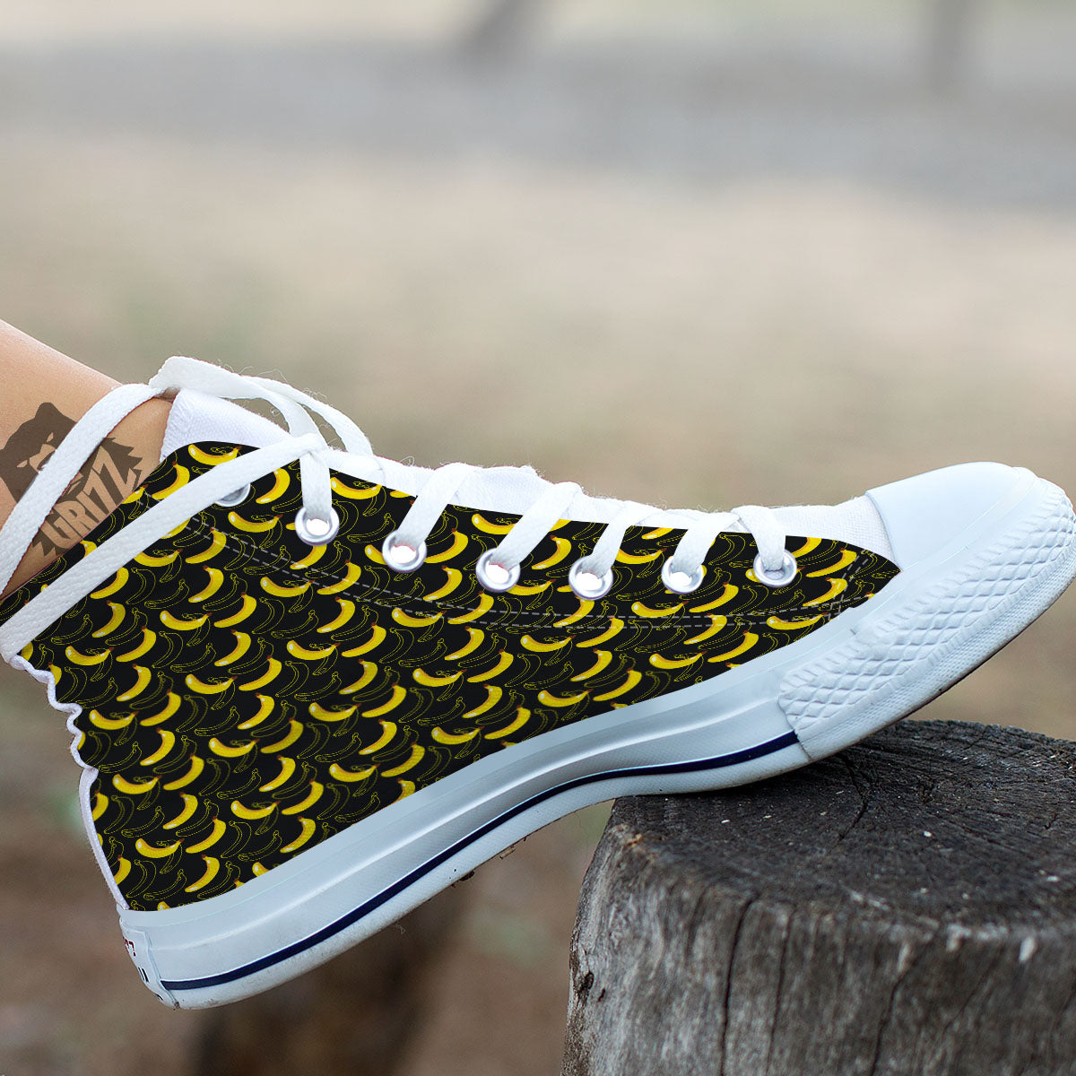 Banana Black Cartoon Print Pattern White High Top Shoes-grizzshop