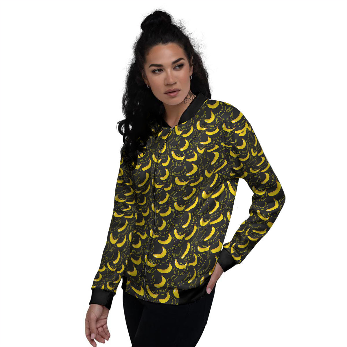 Banana Black Cartoon Print Pattern Women's Bomber Jacket-grizzshop