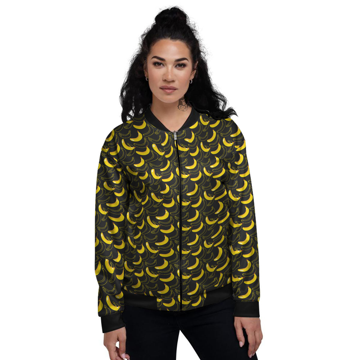 Banana Black Cartoon Print Pattern Women's Bomber Jacket-grizzshop