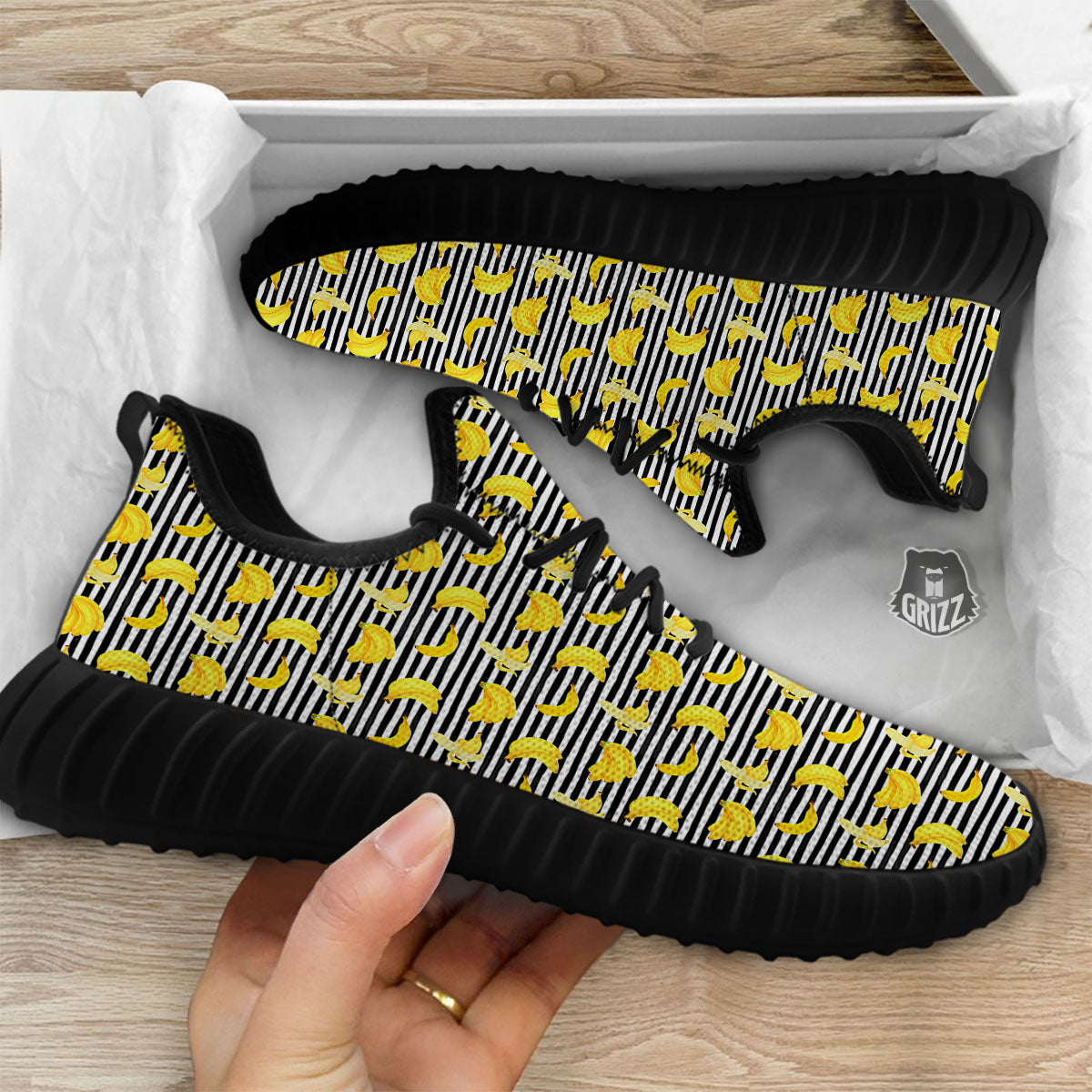 Banana Black Striped Print Pattern Black Walking Shoes-grizzshop