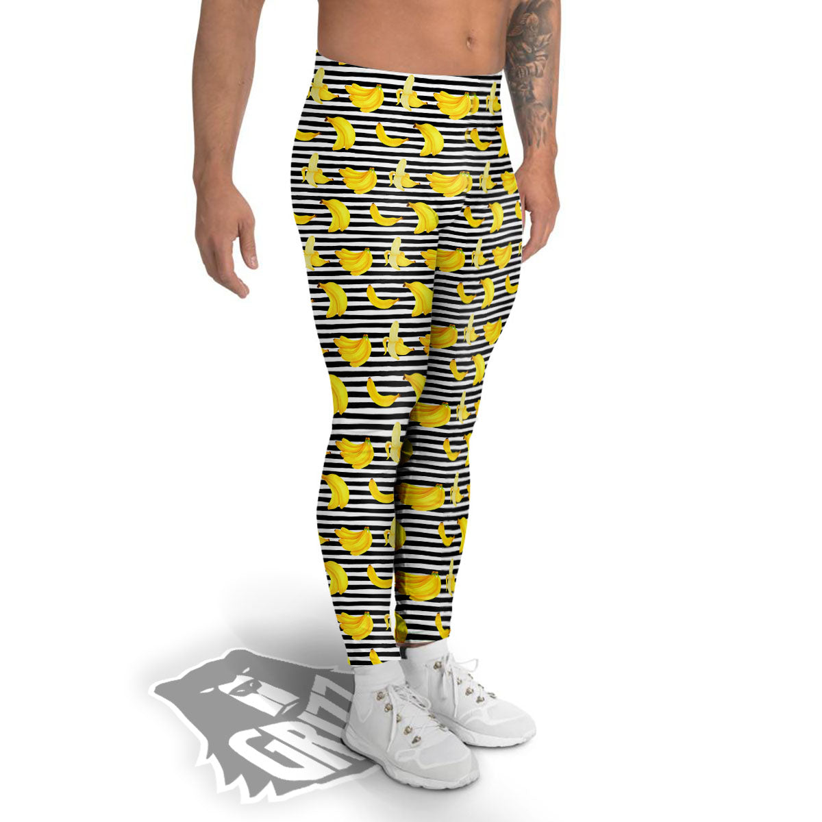 Banana Black Striped Print Pattern Men's Leggings-grizzshop