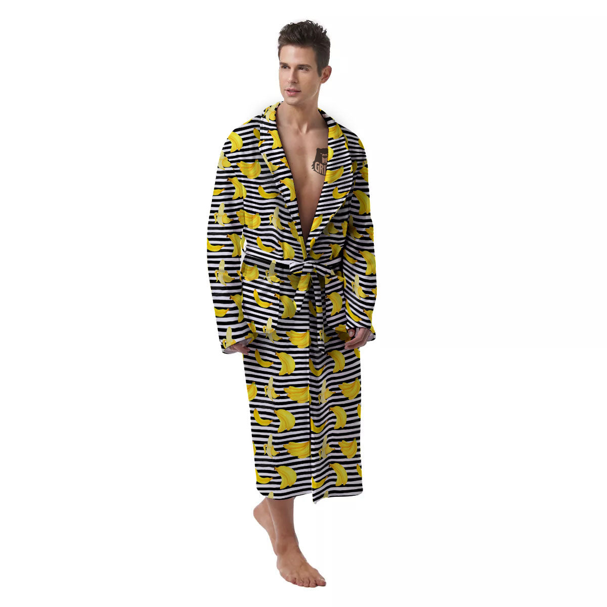 Banana Black Striped Print Pattern Men's Robe-grizzshop