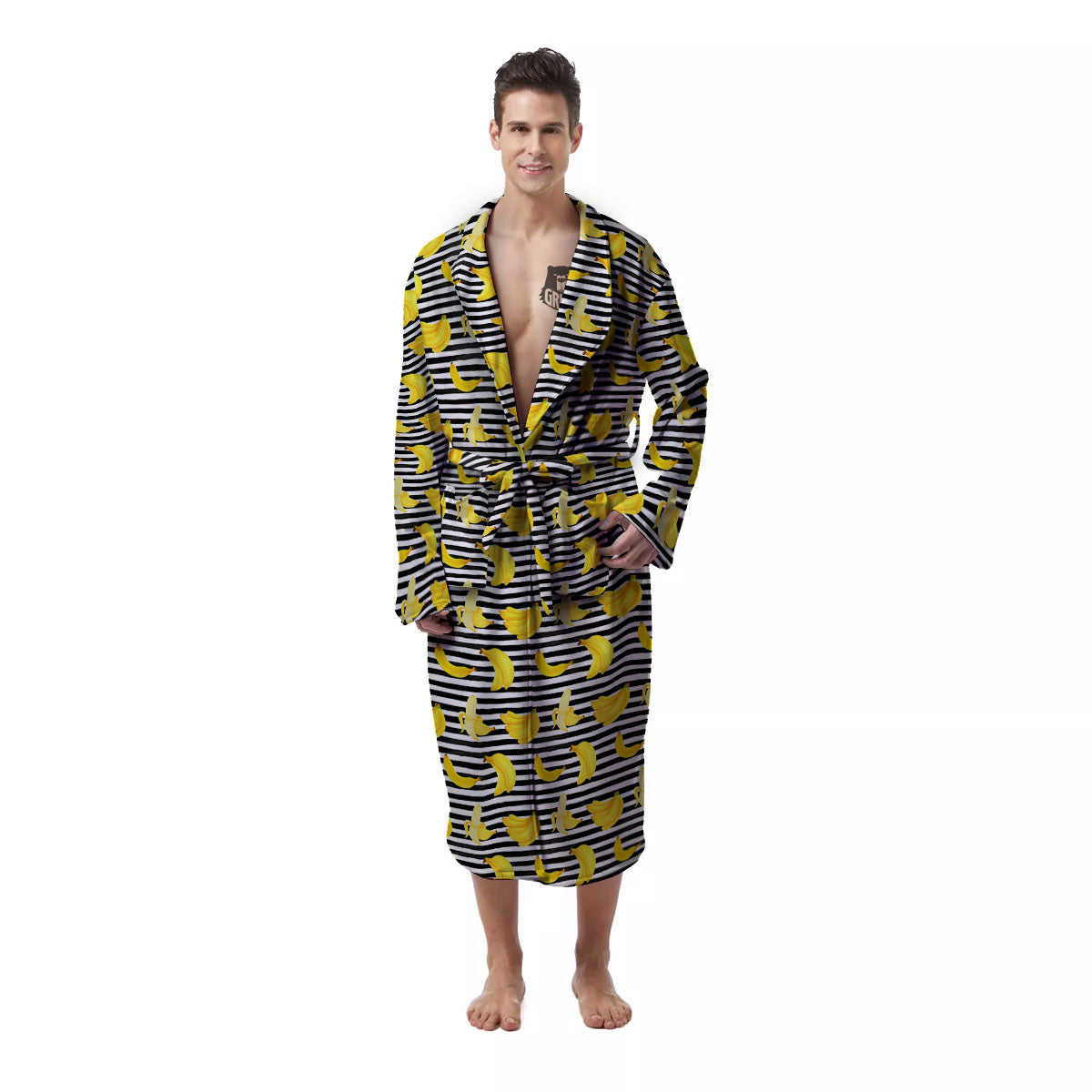 Banana Black Striped Print Pattern Men's Robe-grizzshop