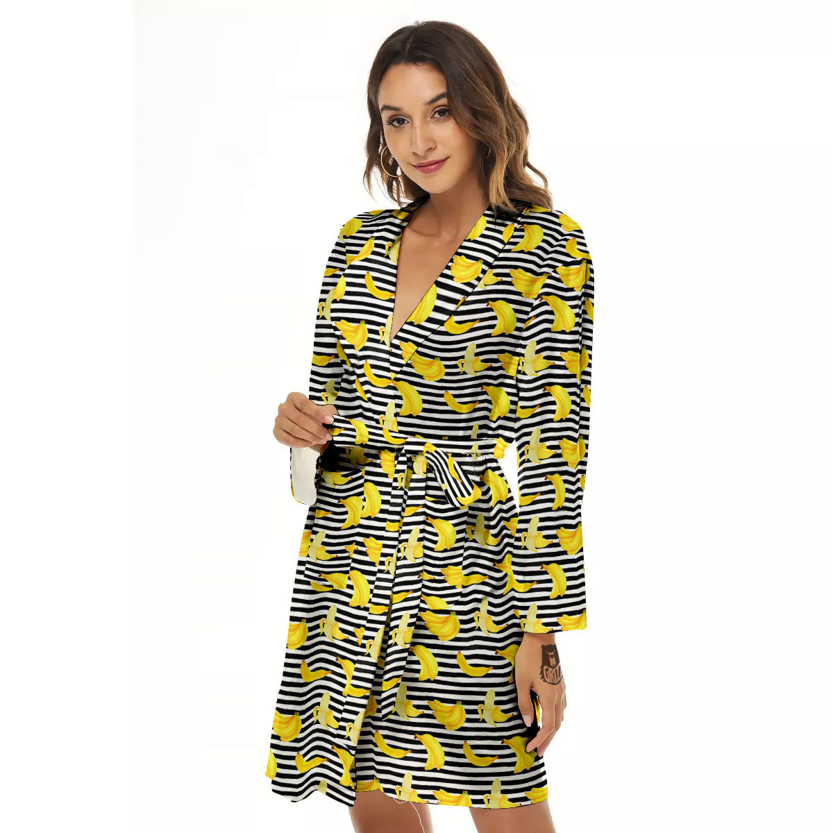 Banana Black Striped Print Pattern Women's Robe-grizzshop