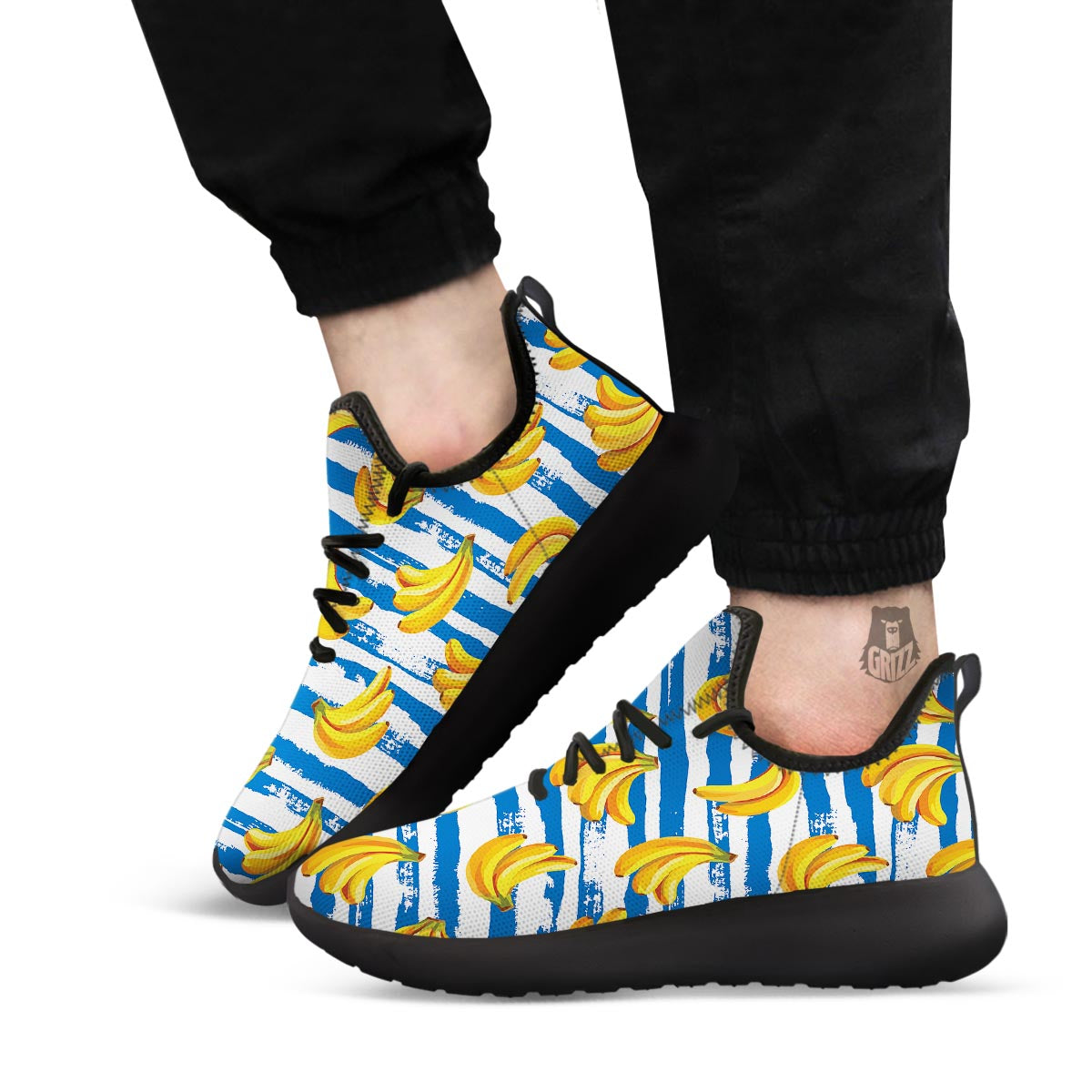 Banana Blue And White Striped Print Pattern Black Athletic Shoes-grizzshop